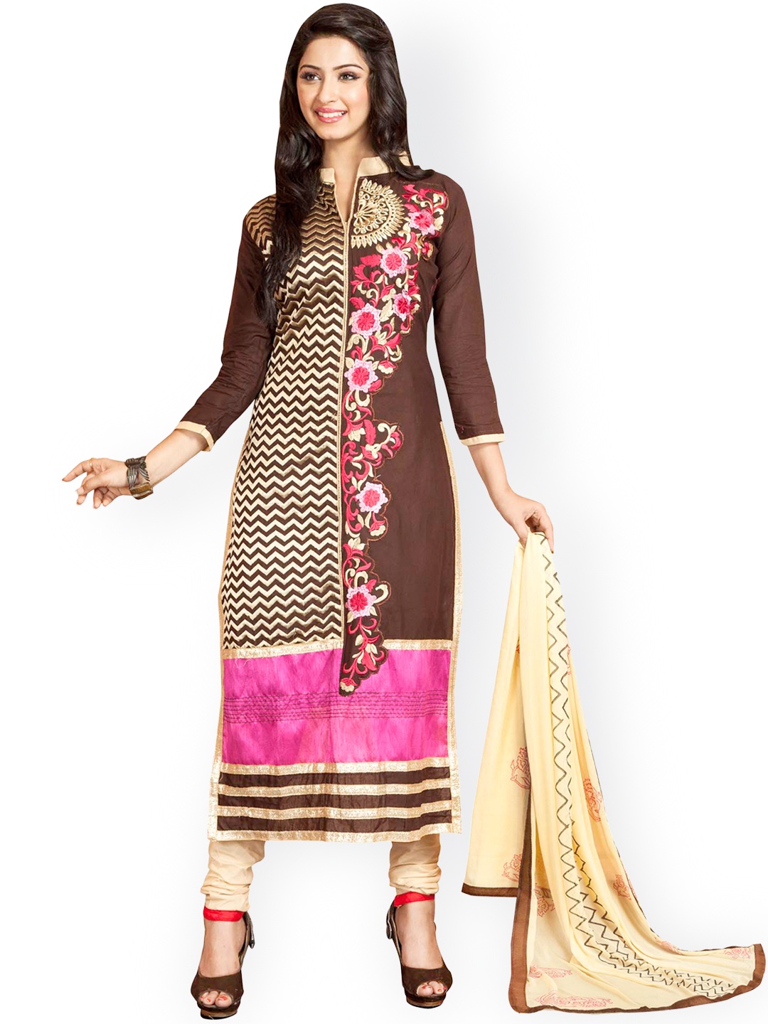 

Blissta Brown Embroidered Cotton Unstitched Dress Material