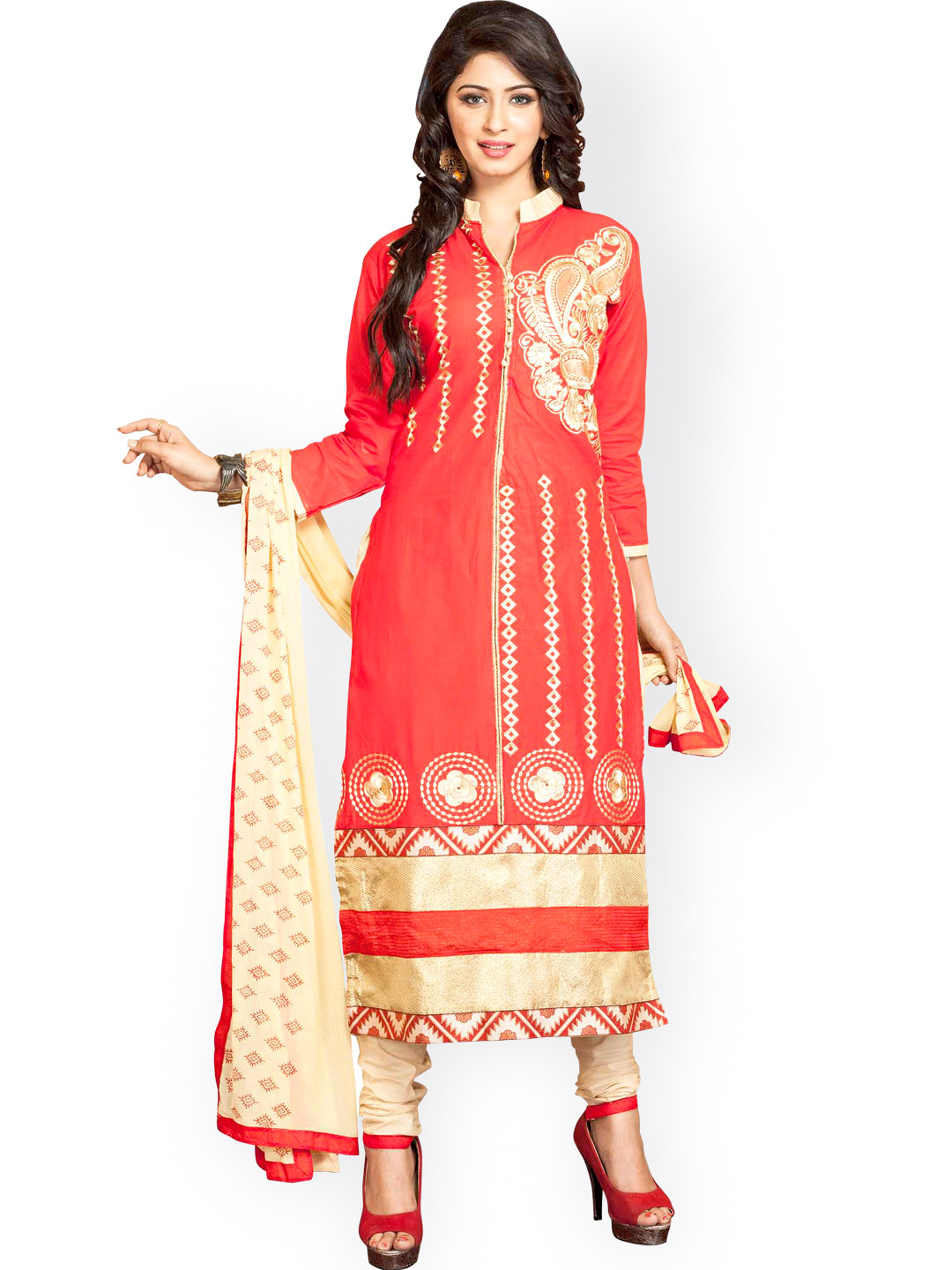

Blissta Red Embroidered Cotton Unstitched Dress Material