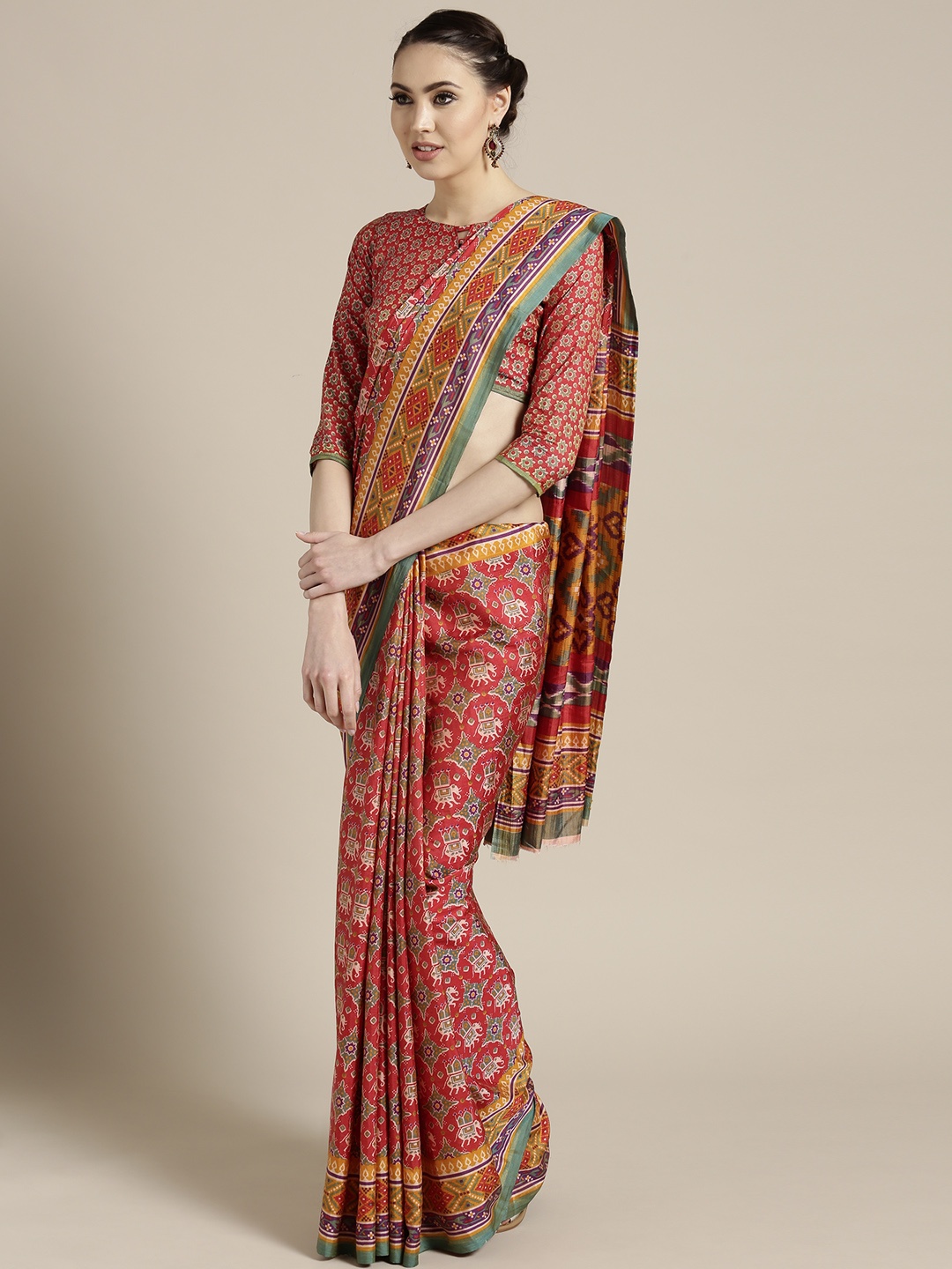 

Saree mall Red & Yellow Printed Ikat Saree