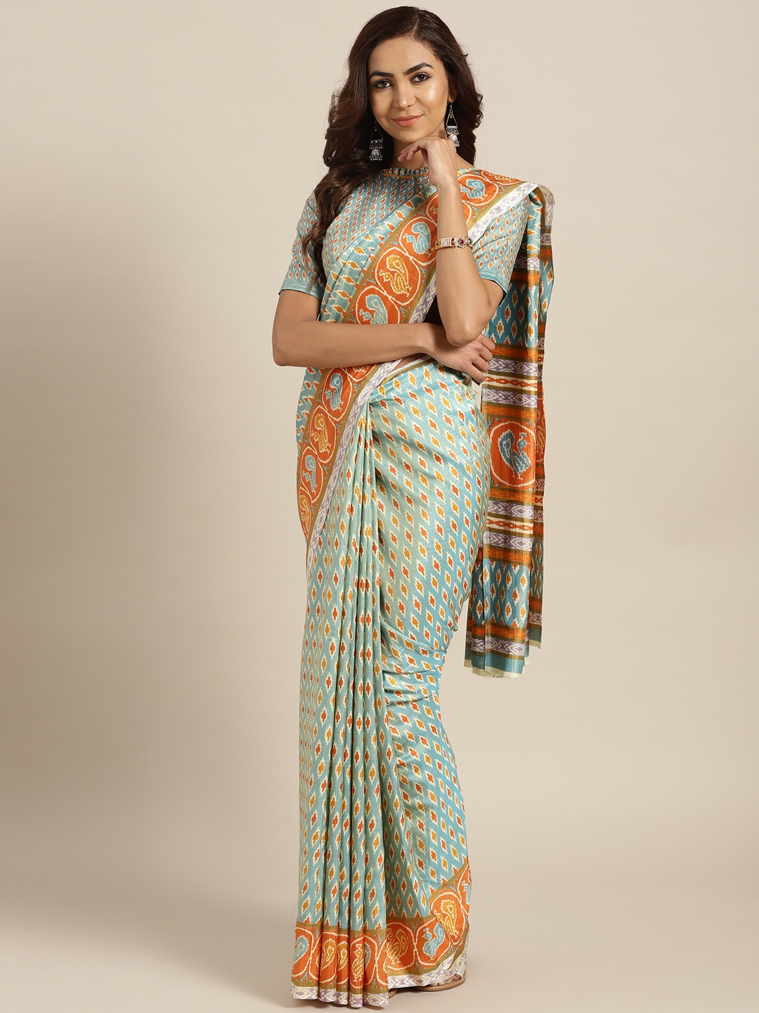 

Saree mall Blue & Rust Orange Silk Blend Printed Ikat Saree