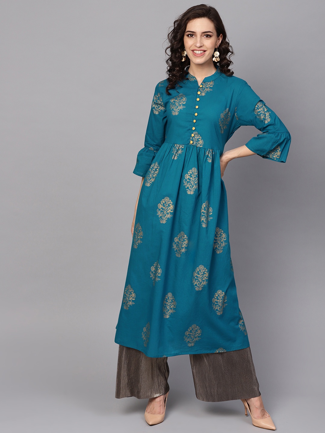 

ANAISA Women Turquoise Blue & Golden Printed A-Line Kurta