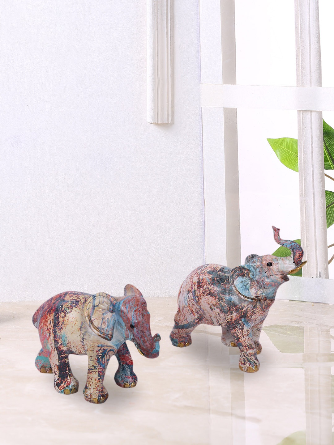 

TAYHAA Set of 2 Multicoloured Resin Elephants showpieces, Multi