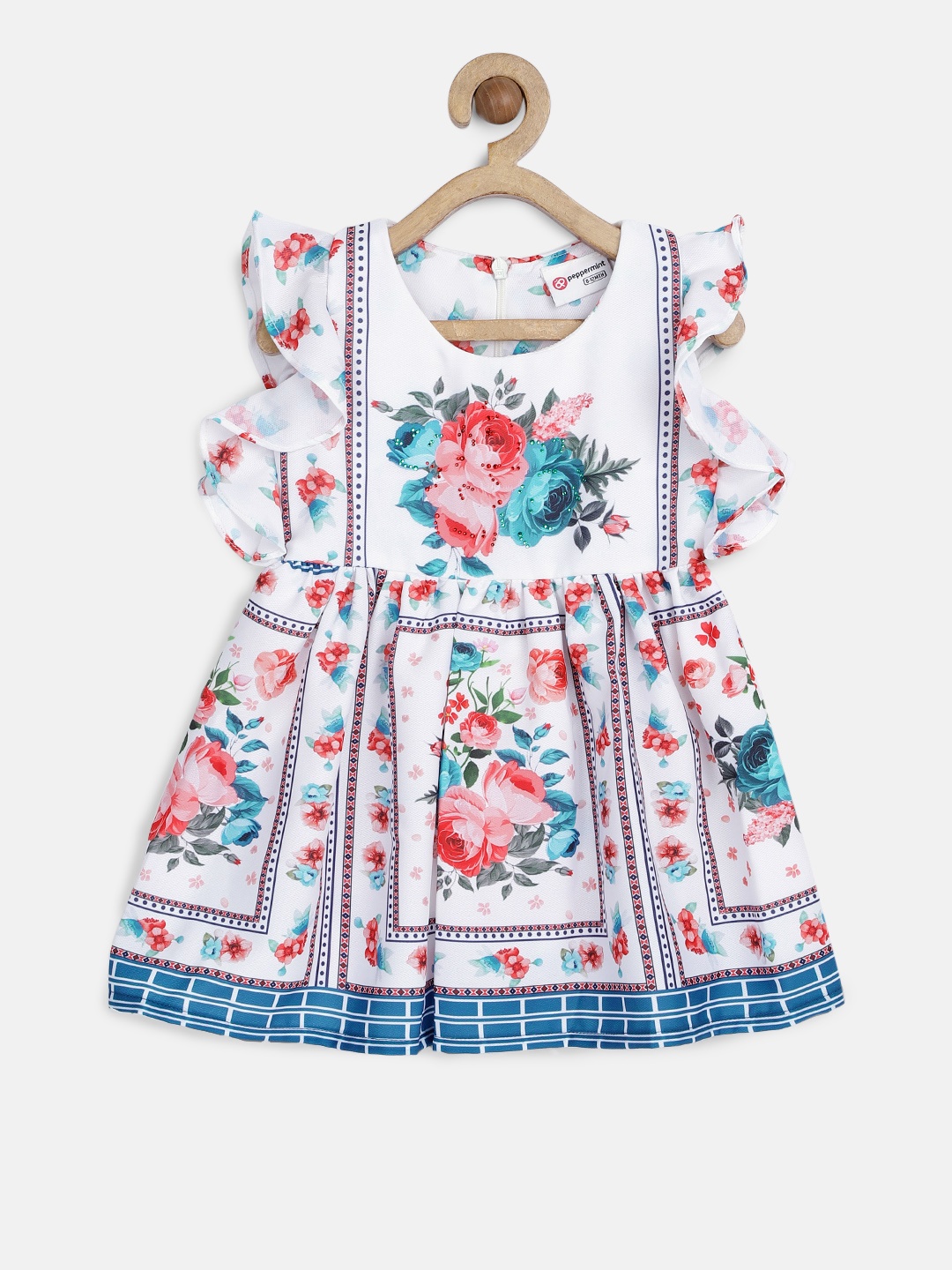 

Peppermint Girls White & Blue Printed Fit and Flare Dress