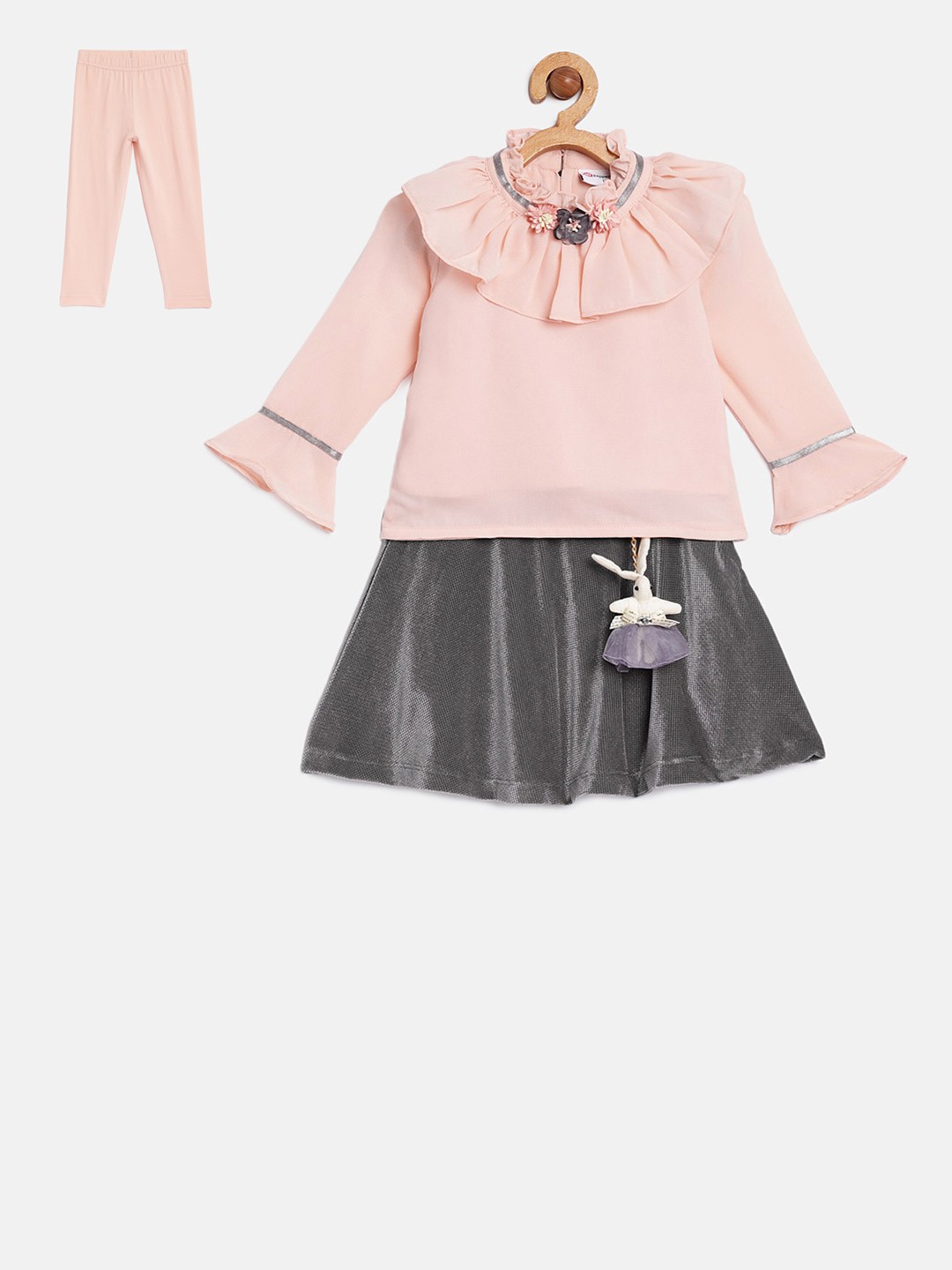 

Peppermint Girls Peach-Coloured Top with Grey A-Line Skirt and Leggings