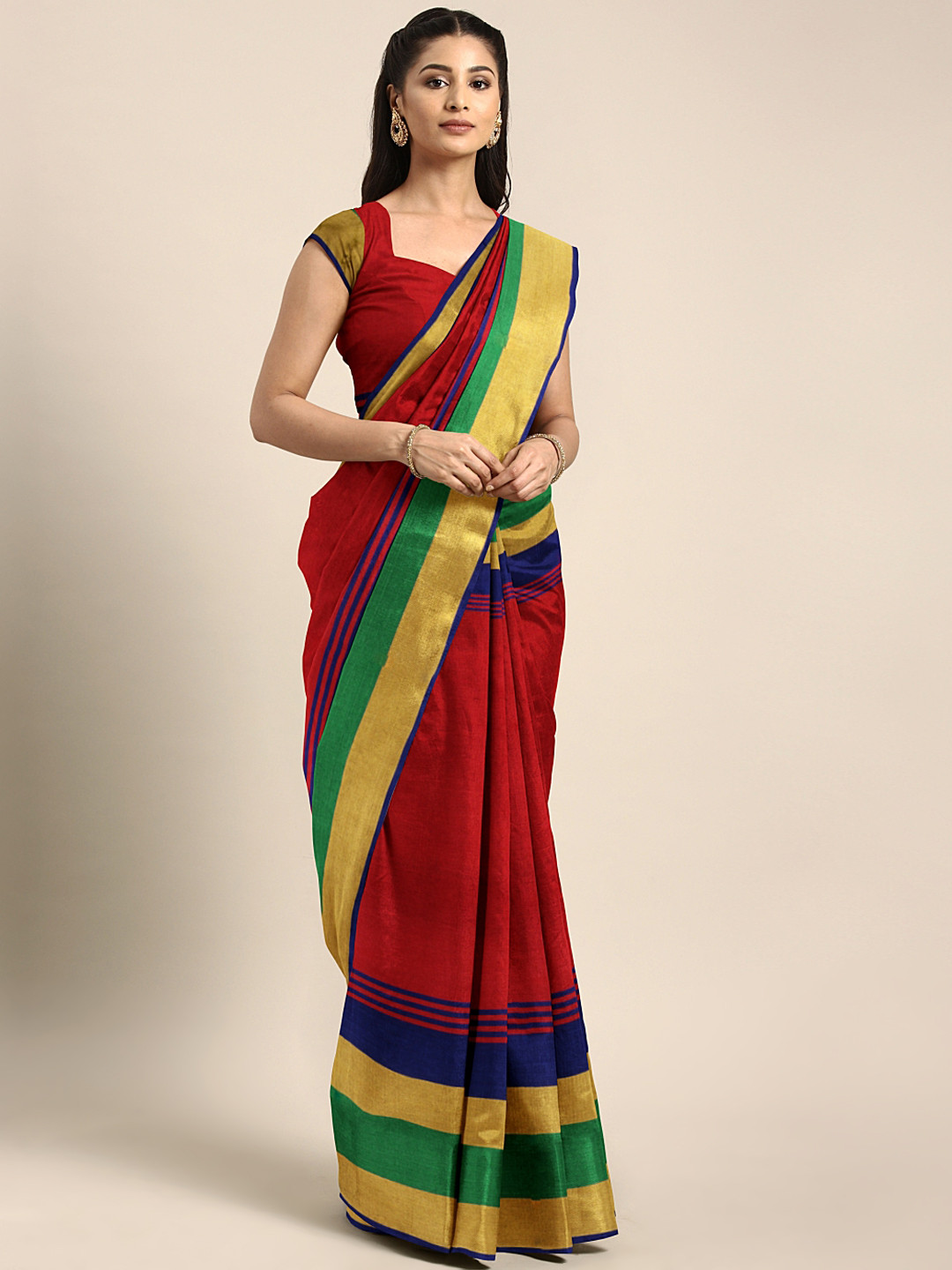 

MOKSHA DESIGNS Red & Navy Blue Art Silk Colourblocked Banarasi Saree
