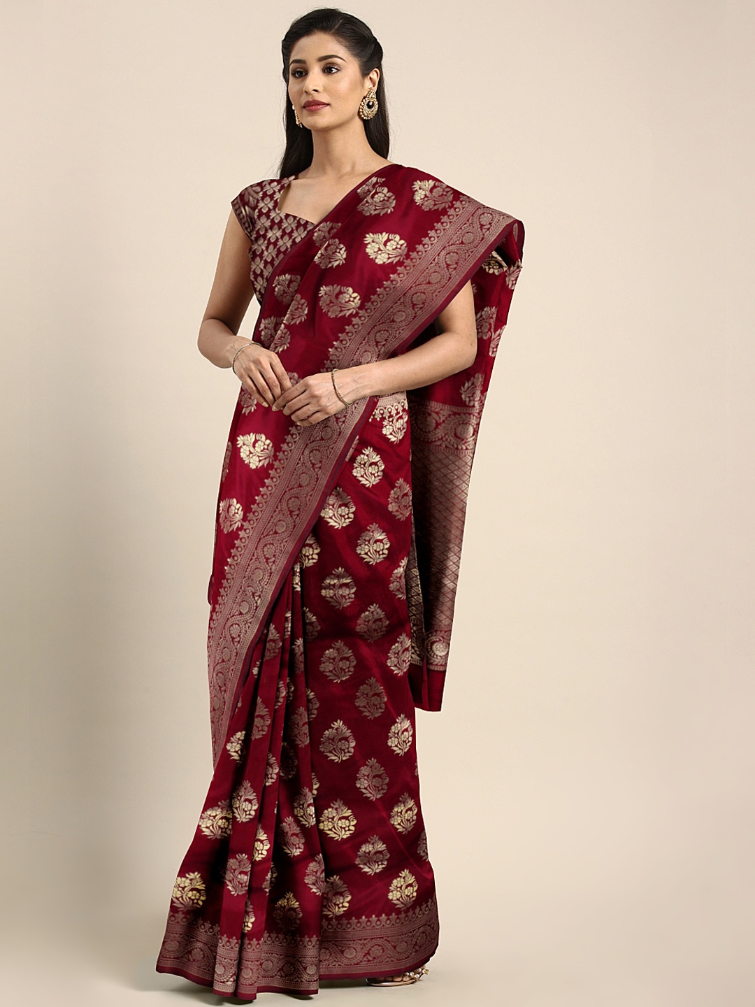 

MOKSHA DESIGNS Maroon & Gold-Toned Pure Silk Woven Design Banarasi Saree