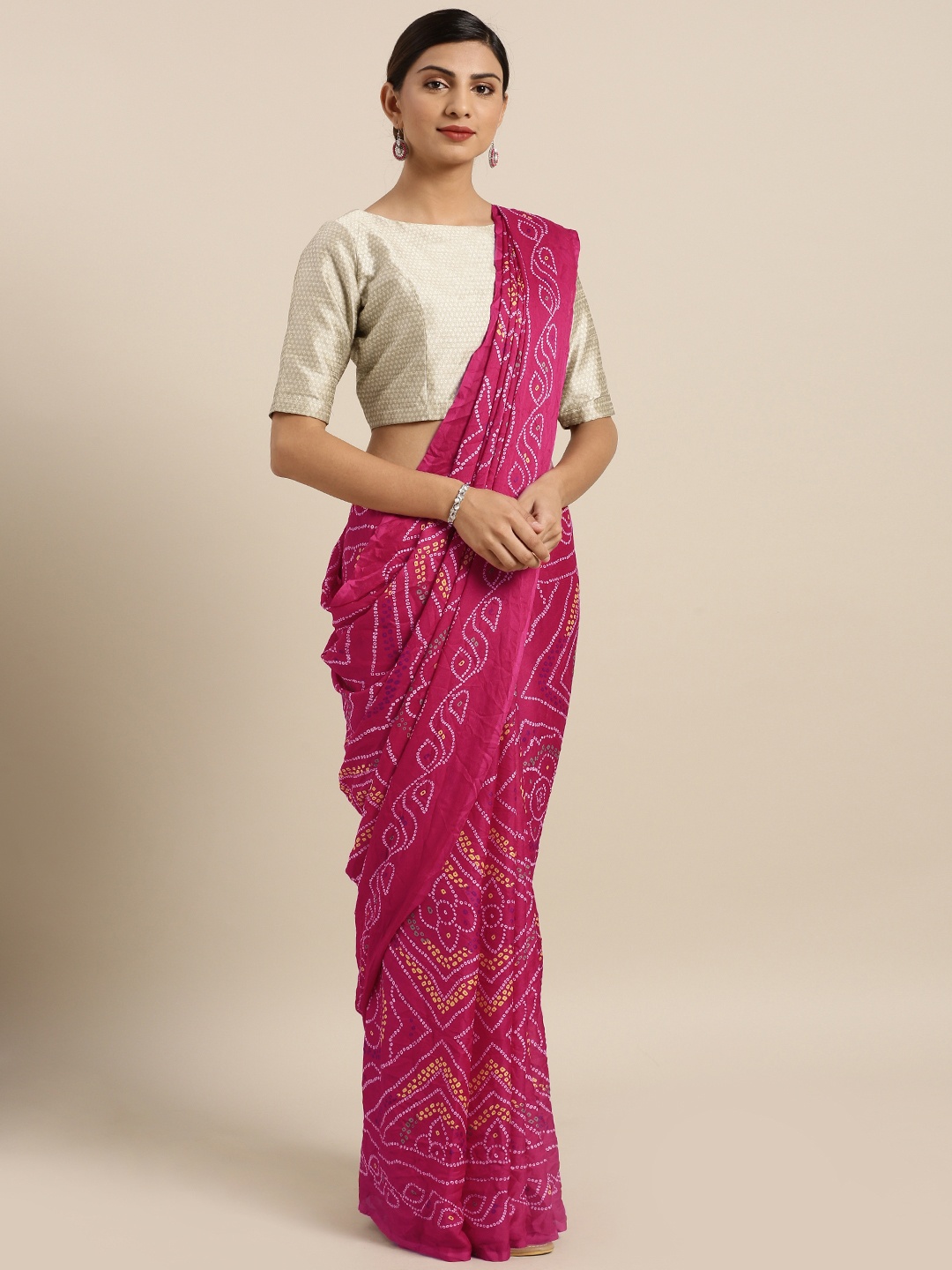 

MOKSHA DESIGNS Pink Pure Crepe Printed Bandhani Saree