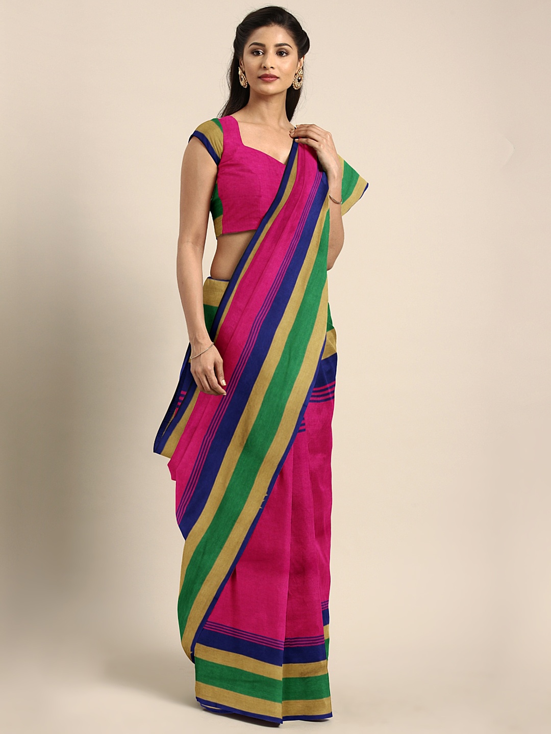 

MOKSHA DESIGNS Pink & Navy Blue Striped Art Silk Saree