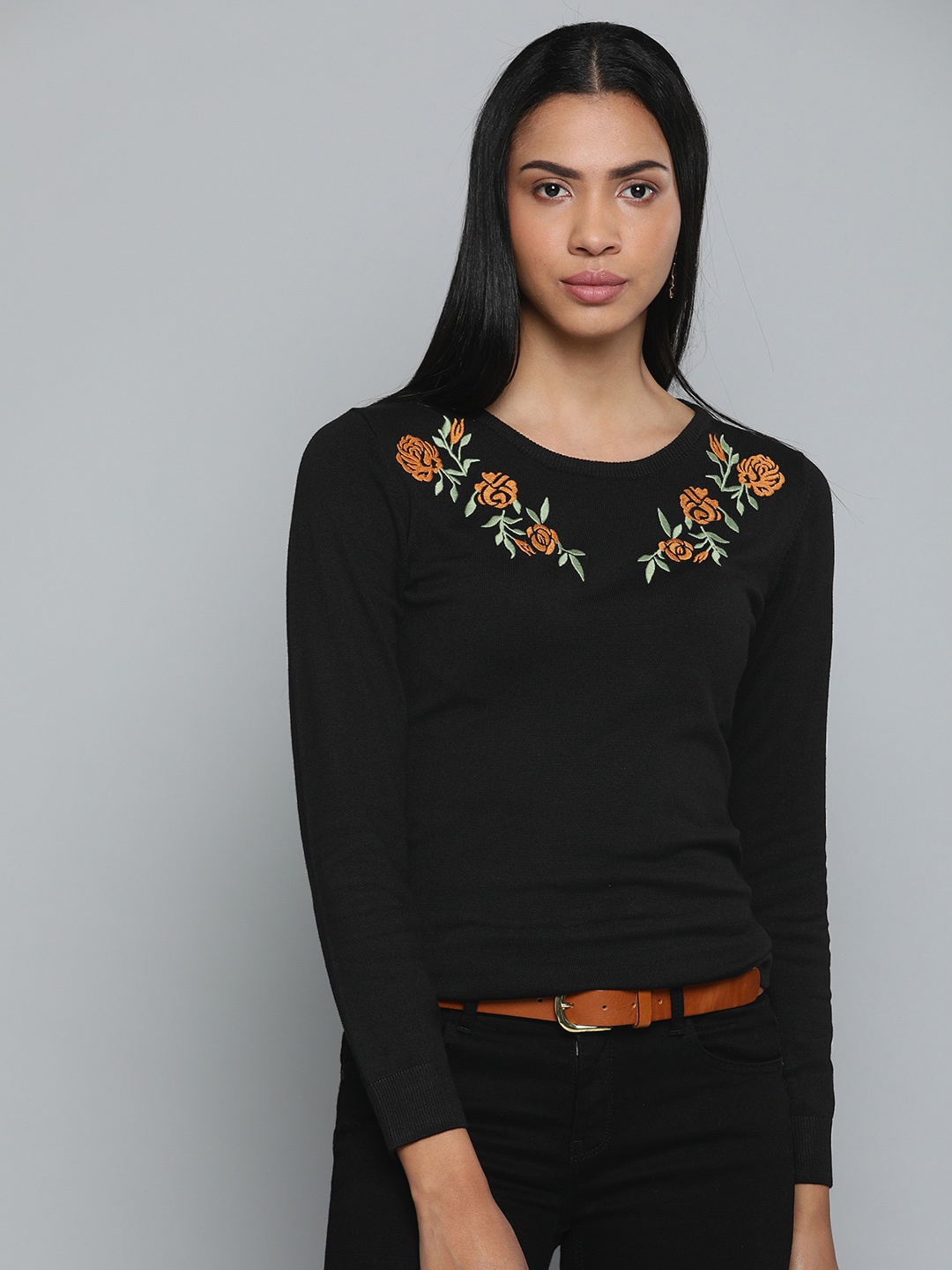 

Chemistry Edition Women Black Solid Sweater With Embroidered Detail
