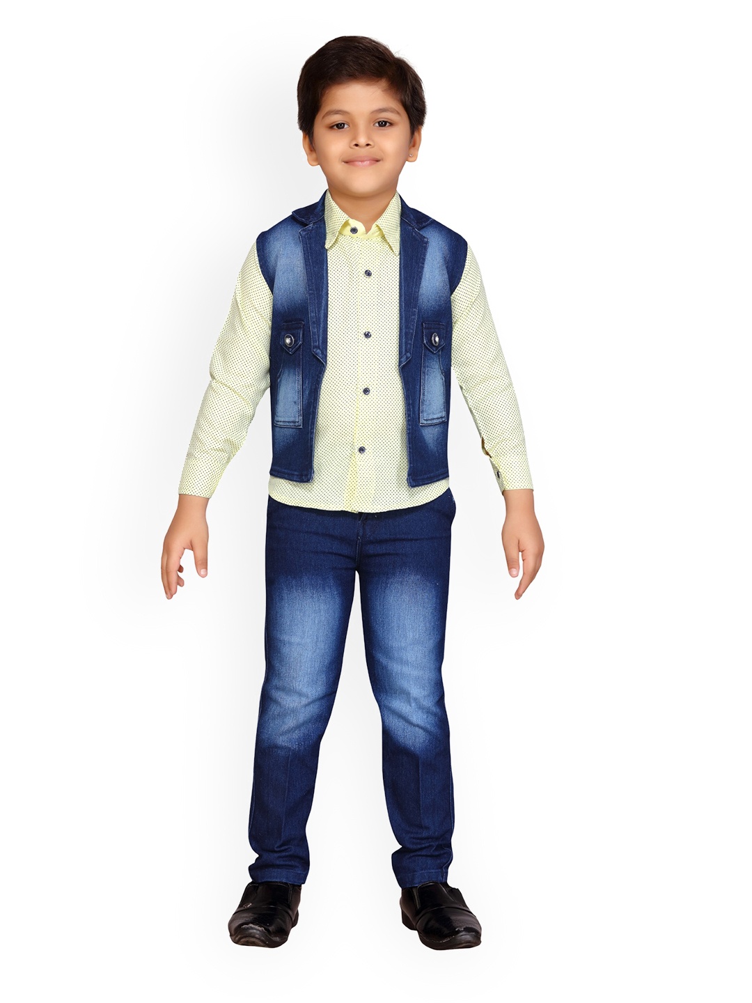 Kidling Boys Yellow & Blue Printed Shirt with Jeans and Waistcoat