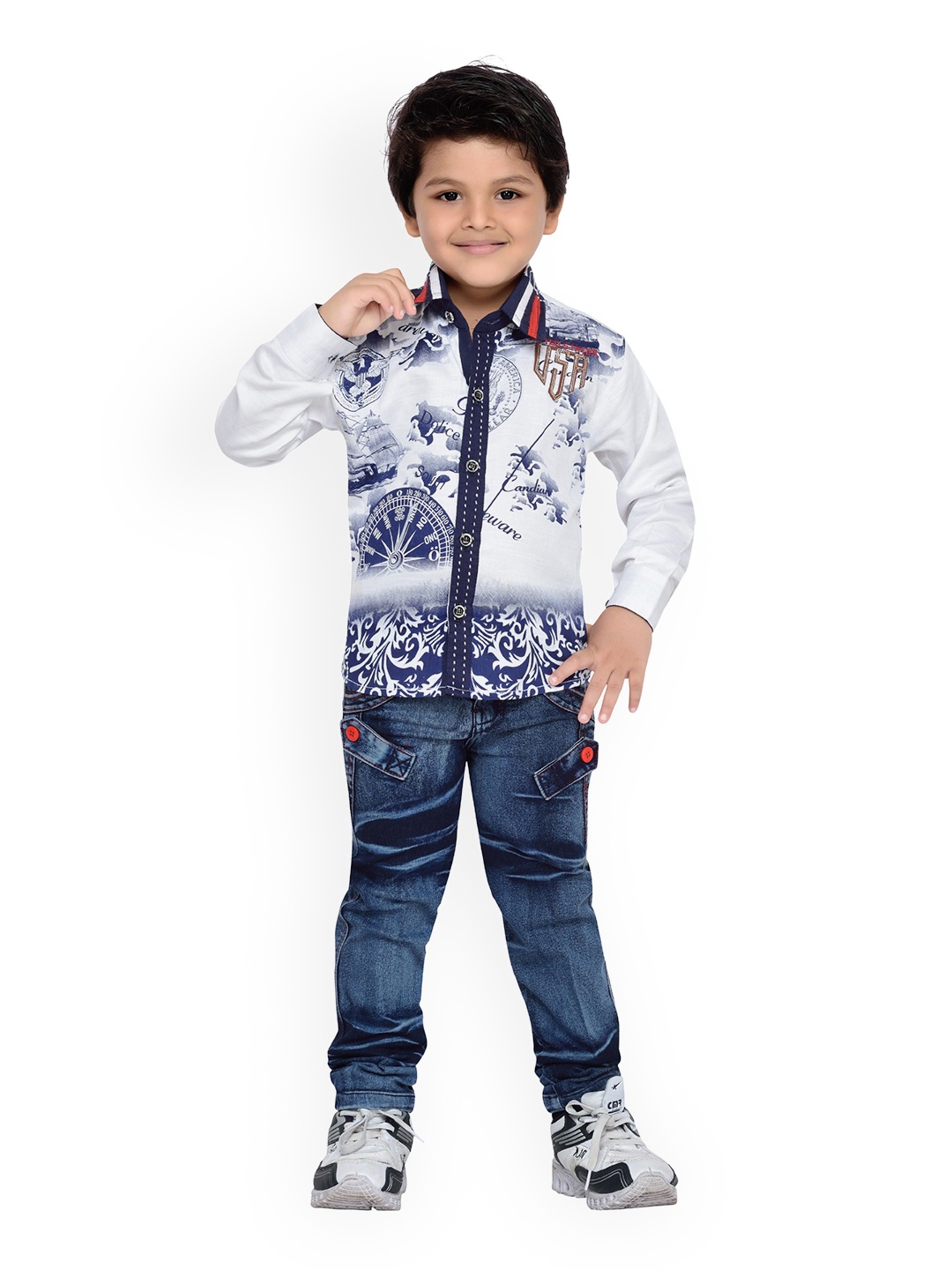 

Kidling Boys White & Blue Printed Shirt with Jeans