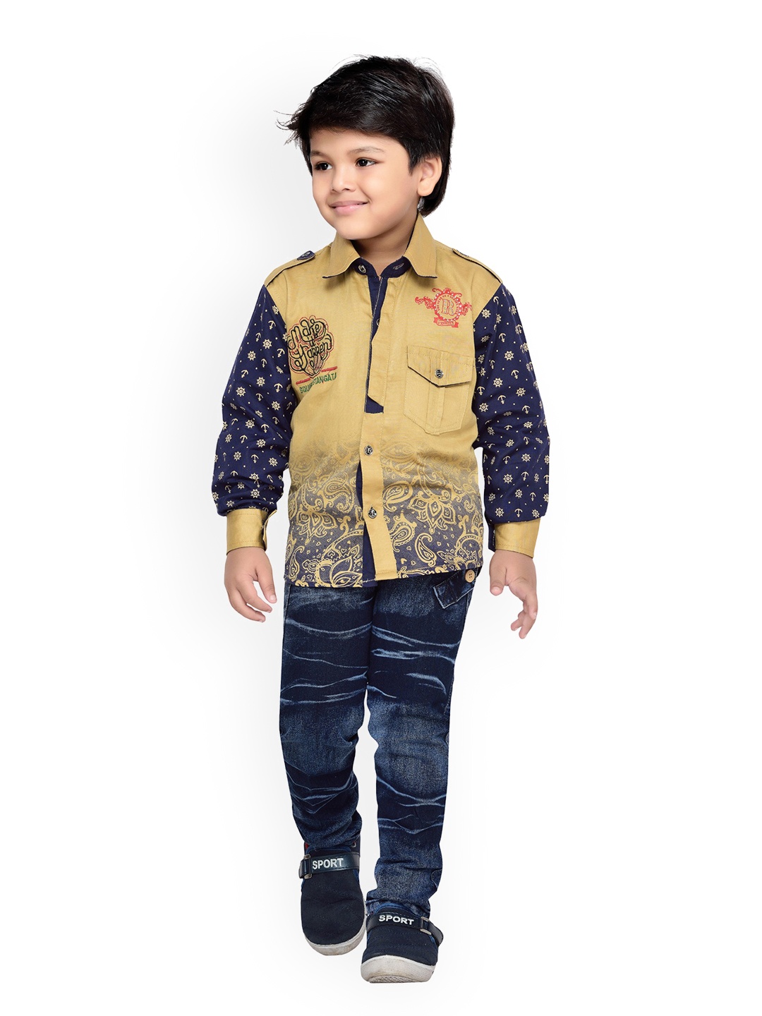 

Kidling Boys Brown & Blue Printed Shirt with Jeans