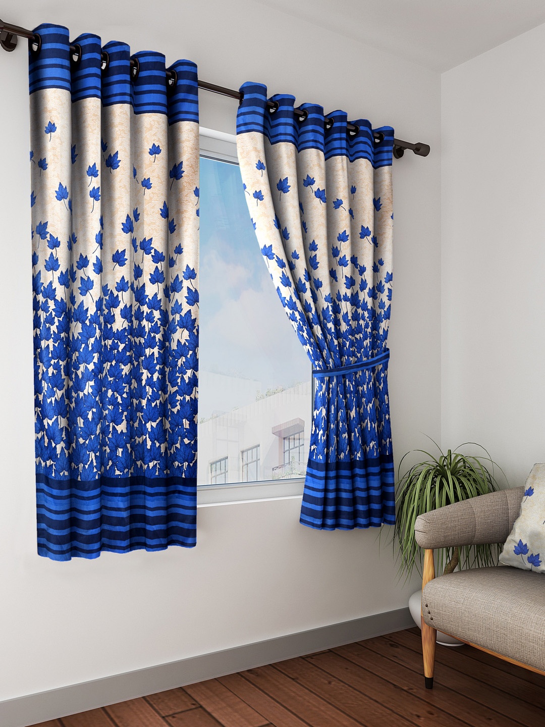 

Home Sizzler Beige & Blue Set of 2 Printed Window Curtains