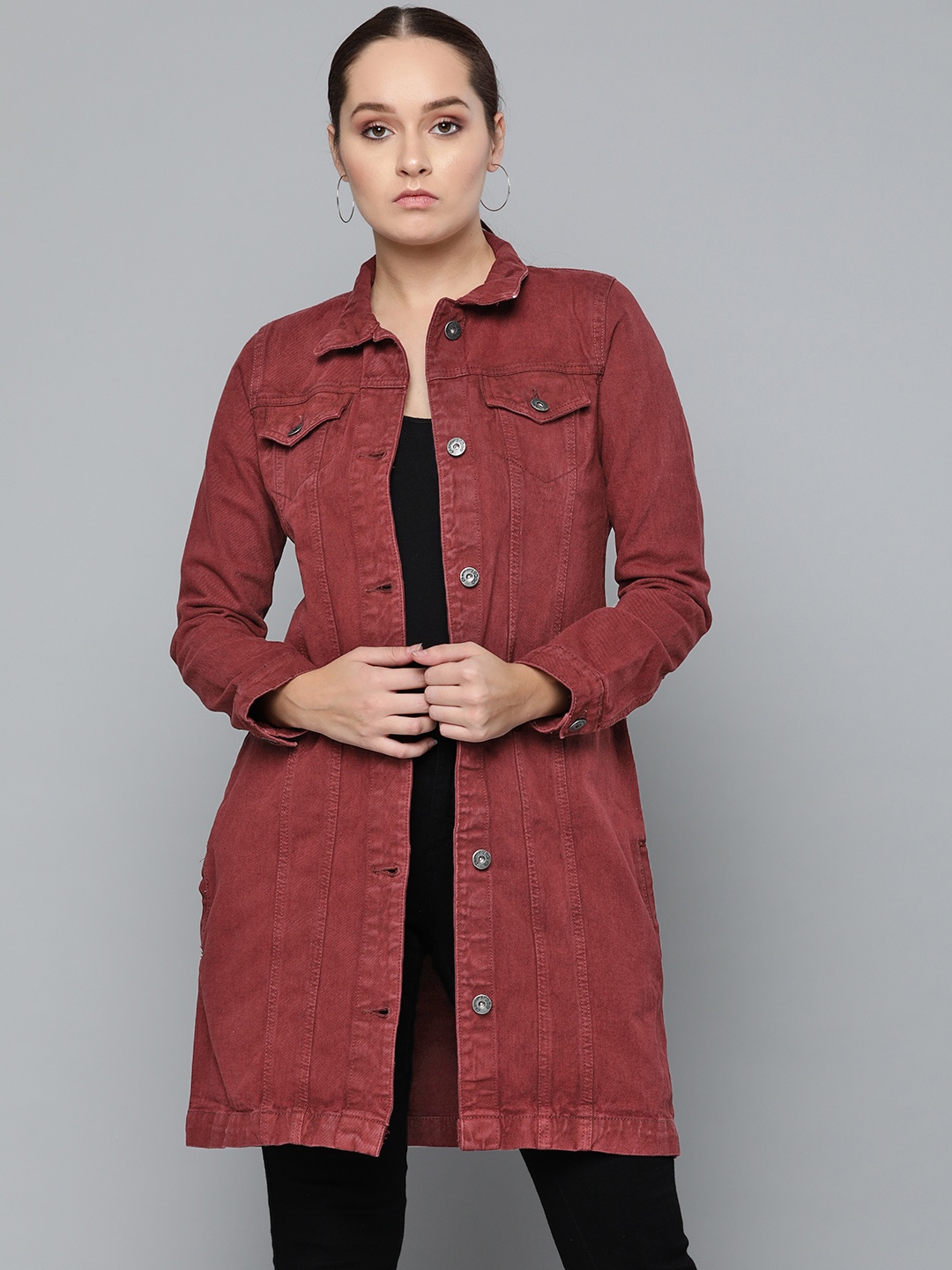 

Chemistry Edition Women Burgundy Solid Long-line Denim Jacket