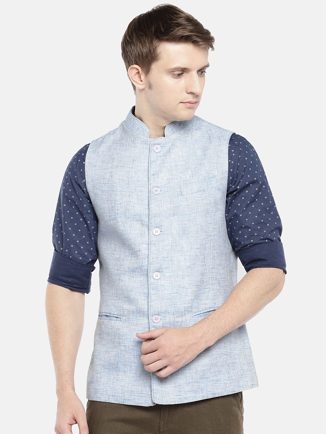 

Globus Men Blue Solid Pure Cotton Nehru Jacket