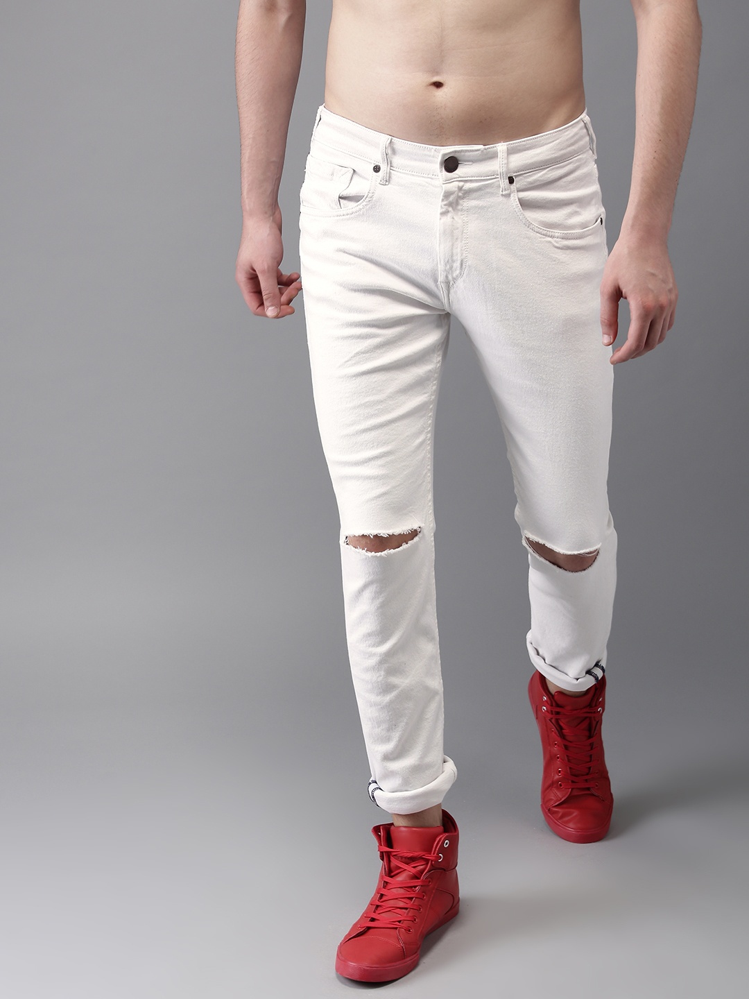 

HERE&NOW Men White Skinny Fit Mid-Rise Slash Knee Stretchable Jeans