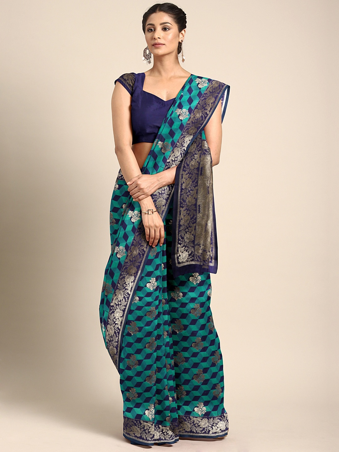 

Satrani Turquoise Blue Poly Silk Woven Design Kanjeevaram Saree