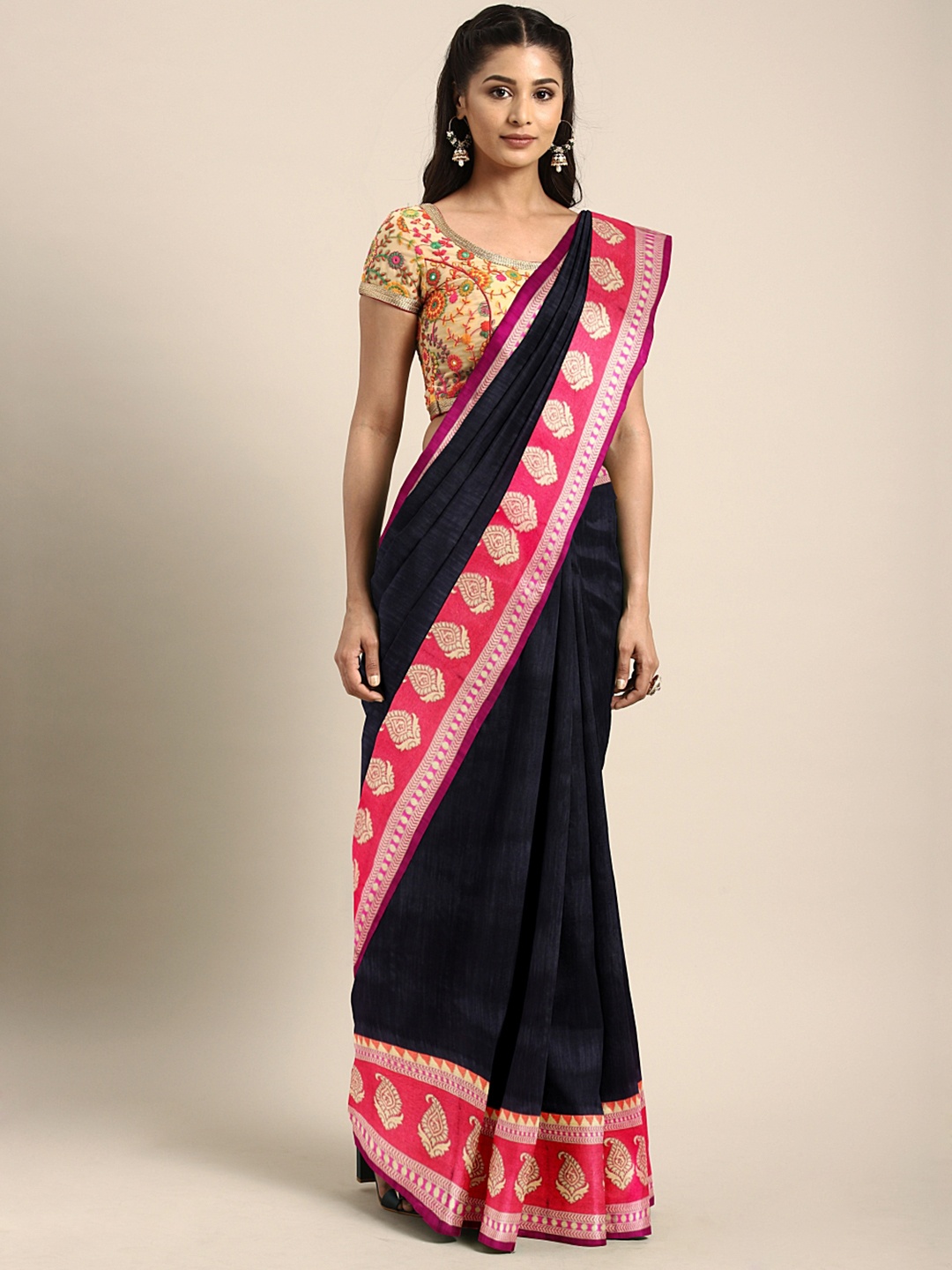 

Satrani Black Silk Blend Woven Design Tussar Saree