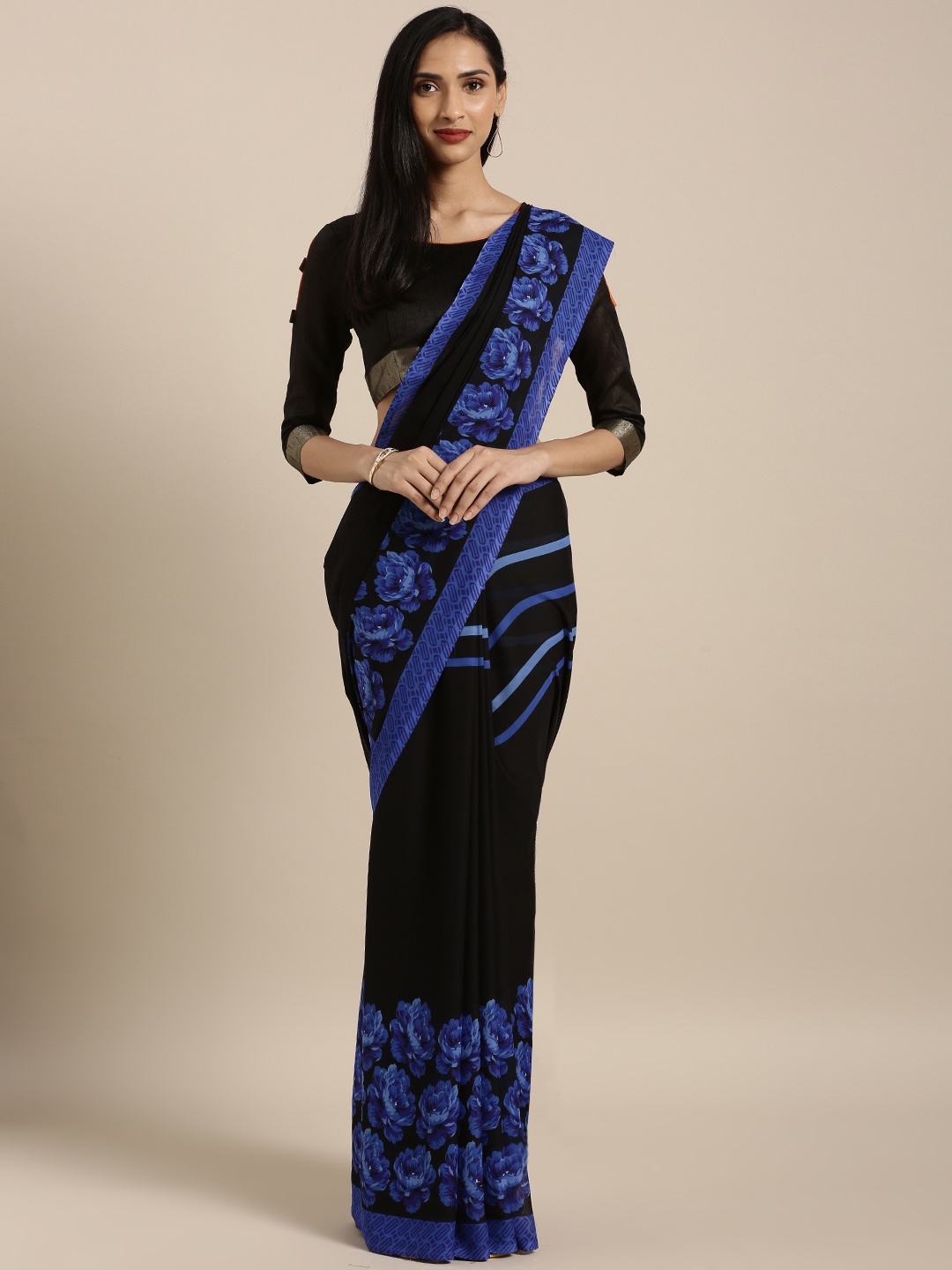 

Satrani Black & Blue Poly Georgette Printed Saree