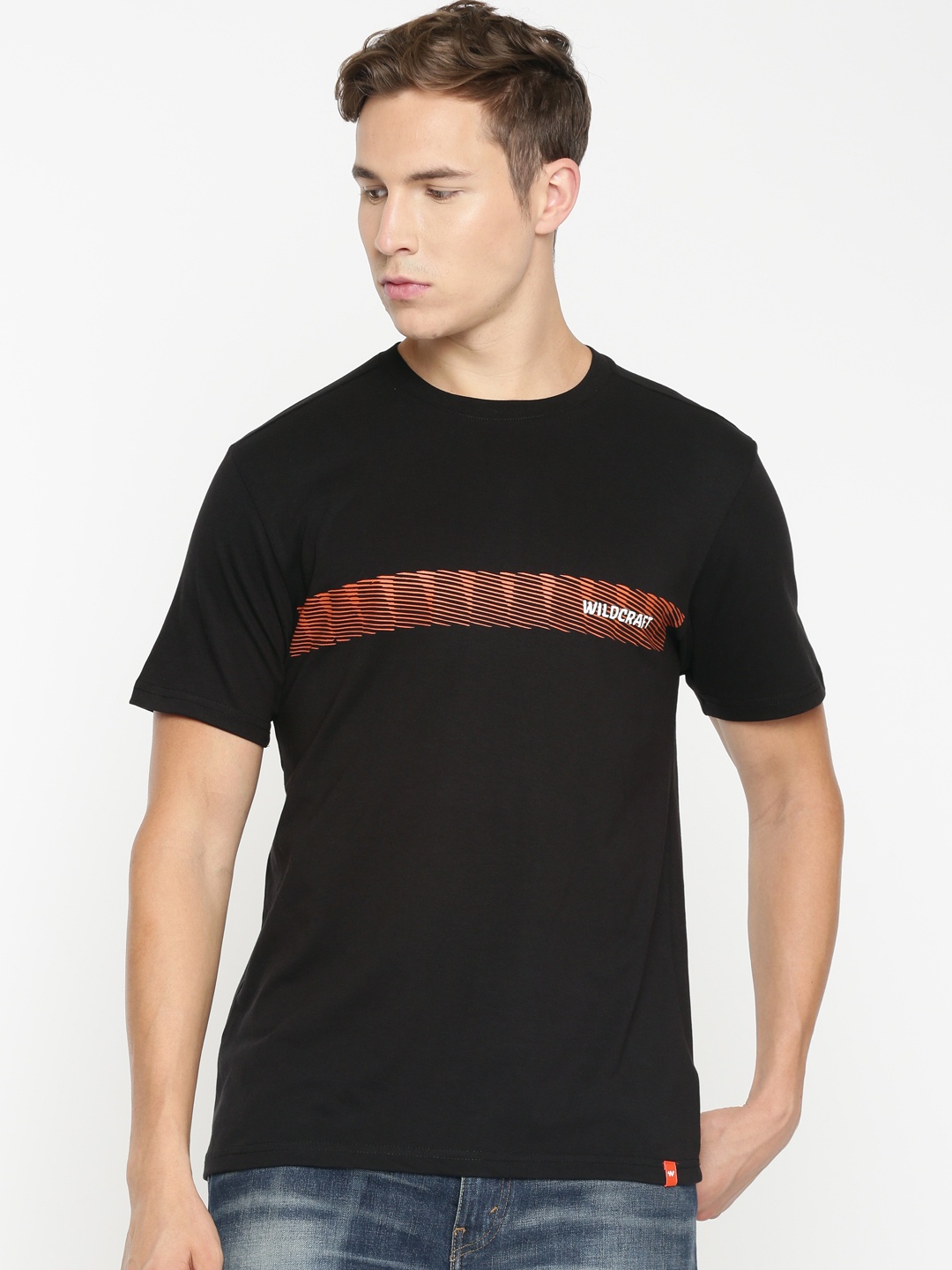 

Wildcraft Men Black Orange Printed Round Neck Pure Cotton T-shirt