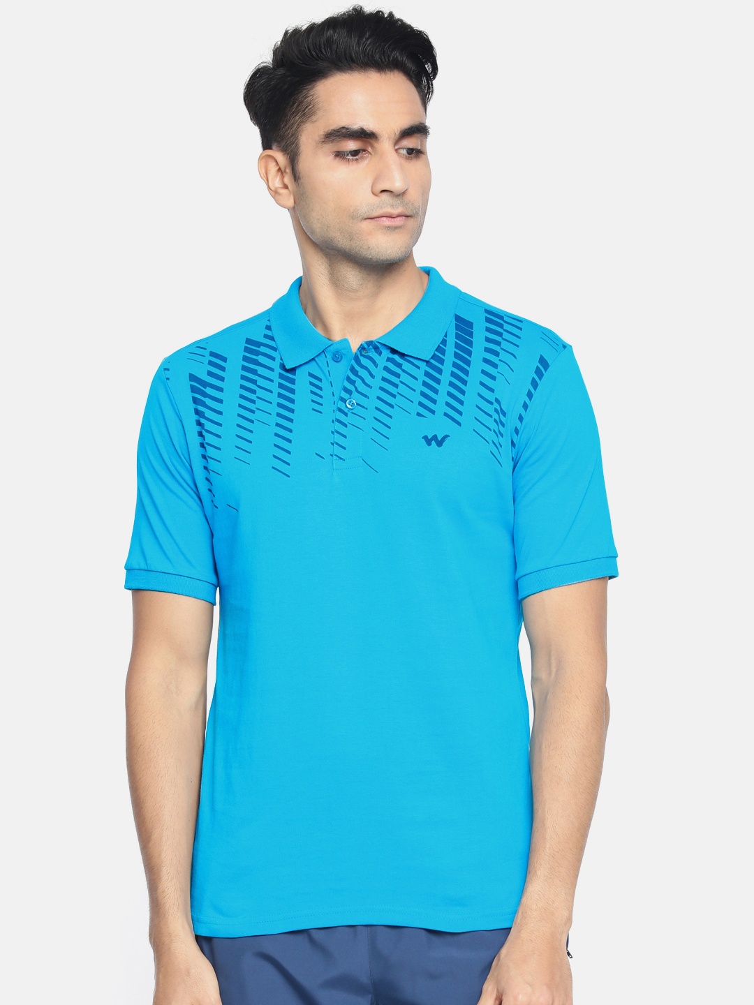 

Wildcraft Men Blue Printed Polo Collar Off Active Crew 17 Pure Cotton T-shirt