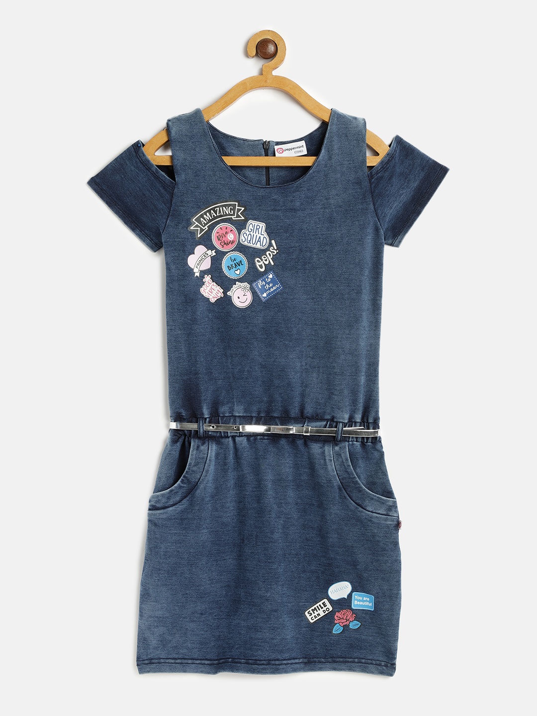 

Peppermint Girls Blue Printed Drop-Waist Denim Dress