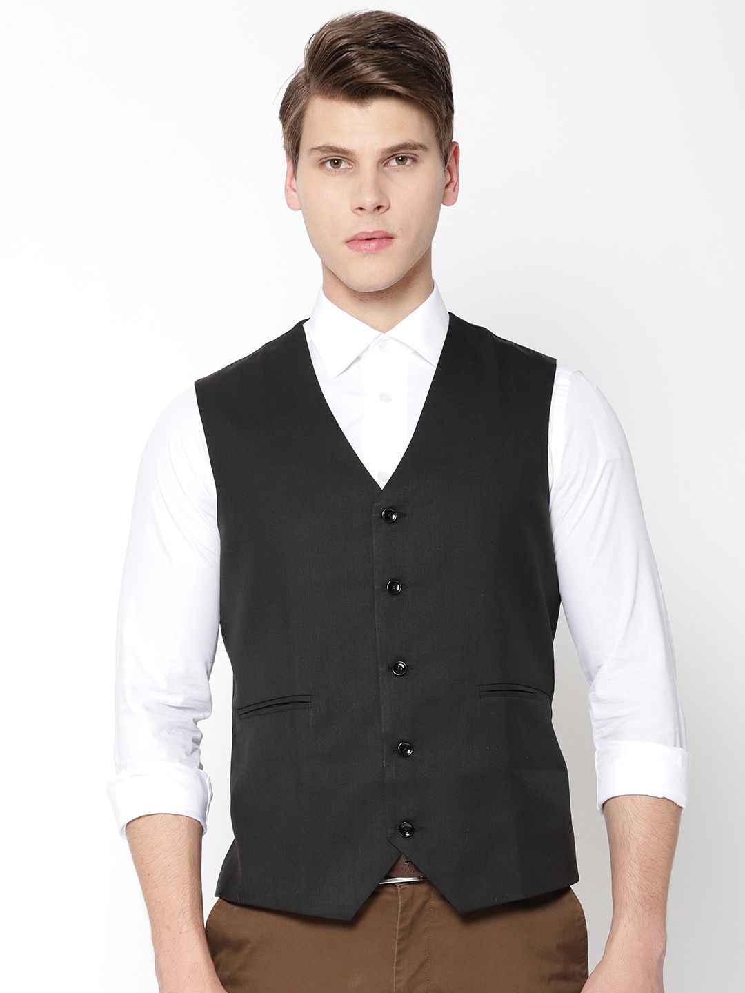 

Shaftesbury London Men Black Solid Pure Cotton Waistcoat