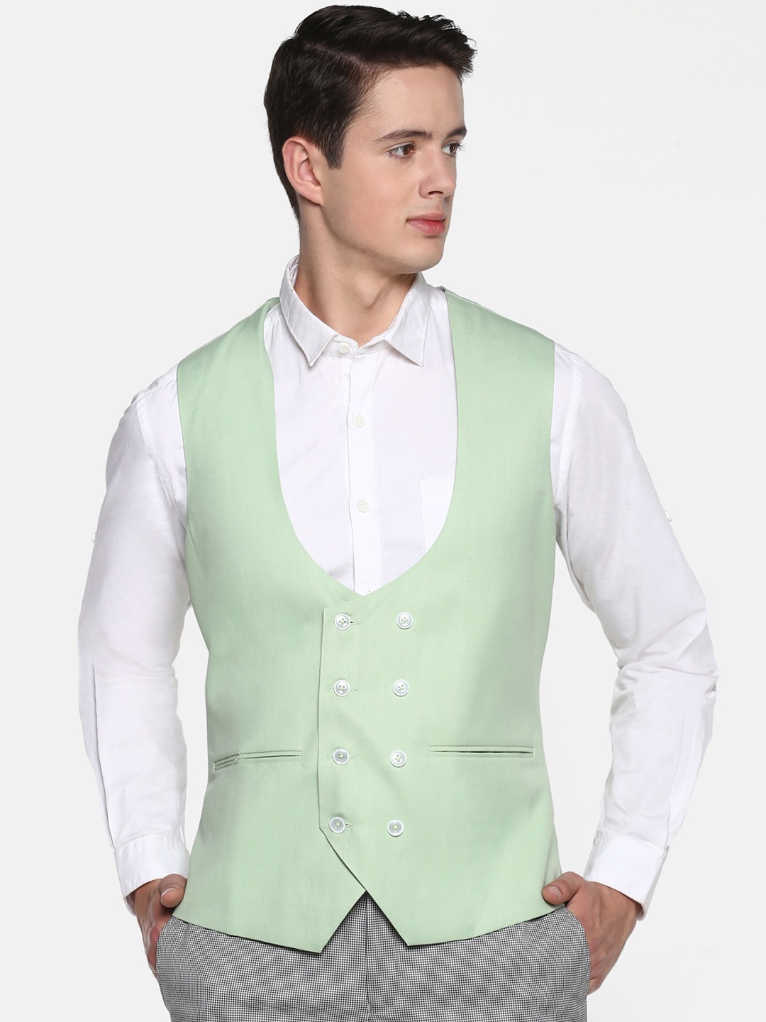 

Shaftesbury London Men Mint Green Solid Pure Cotton Waistcoat