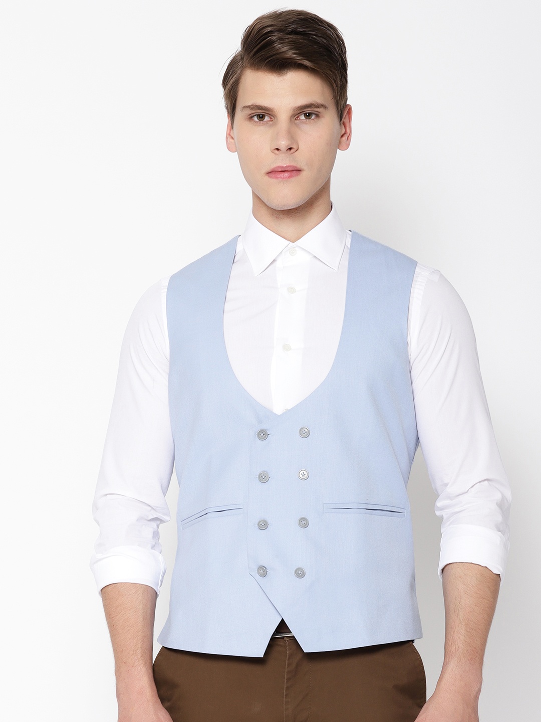 

Shaftesbury London Men Blue Solid Double-Breasted Pure Cotton Waistcoat