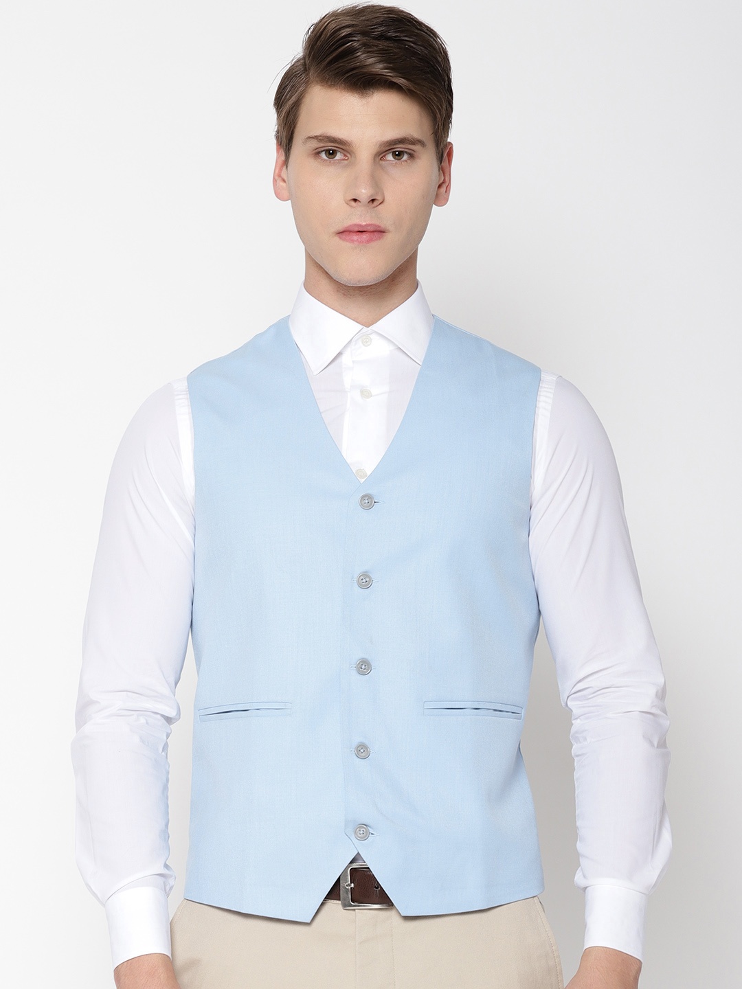 

Shaftesbury London Men Blue Solid Pure Cotton Waistcoat