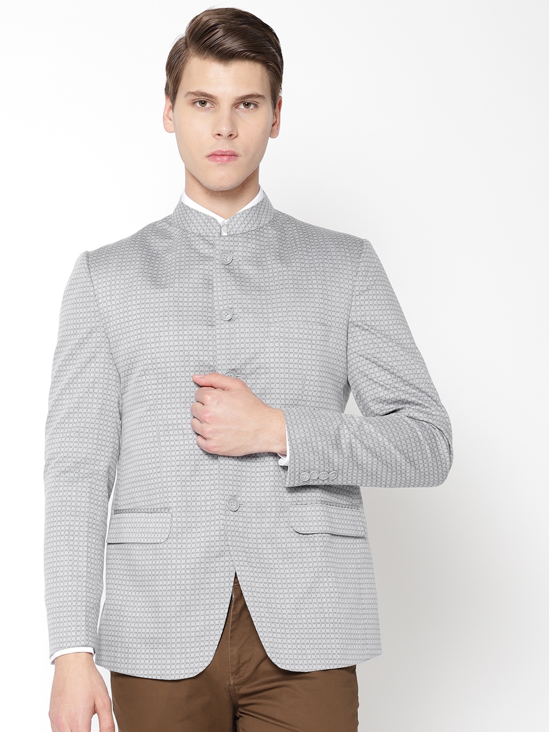 

Shaftesbury London Men Grey Checked Slim Fit Bandhgala Blazer