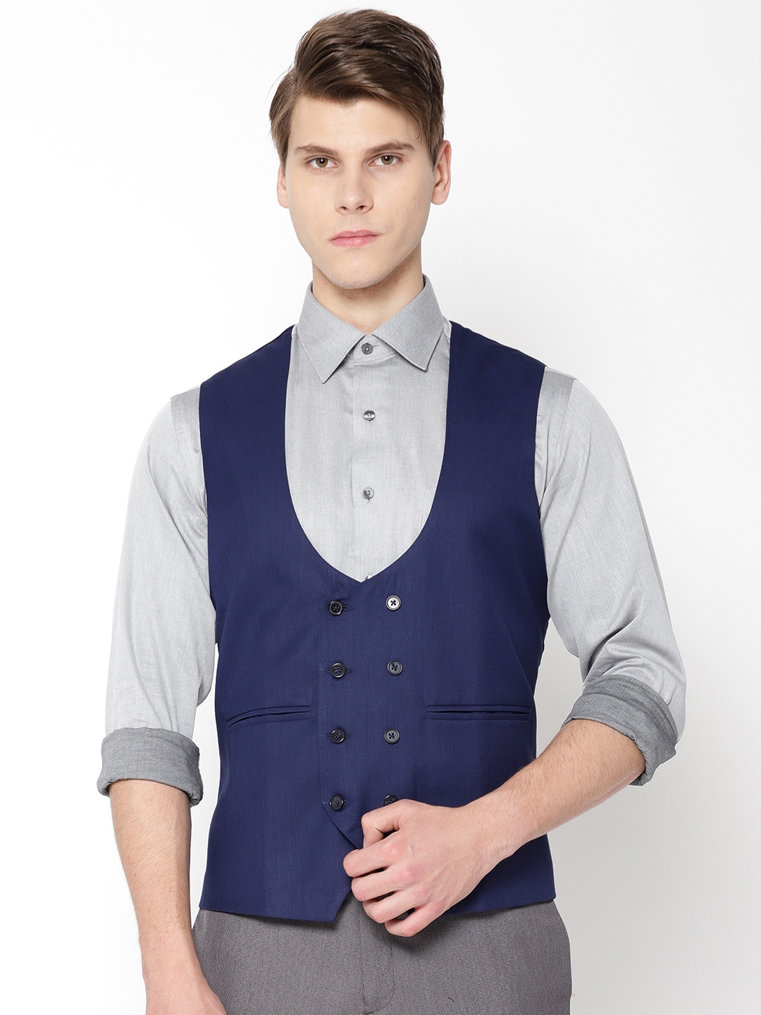 

Shaftesbury London Men Navy Blue Solid Double-Breasted Pure Cotton Waistcoat