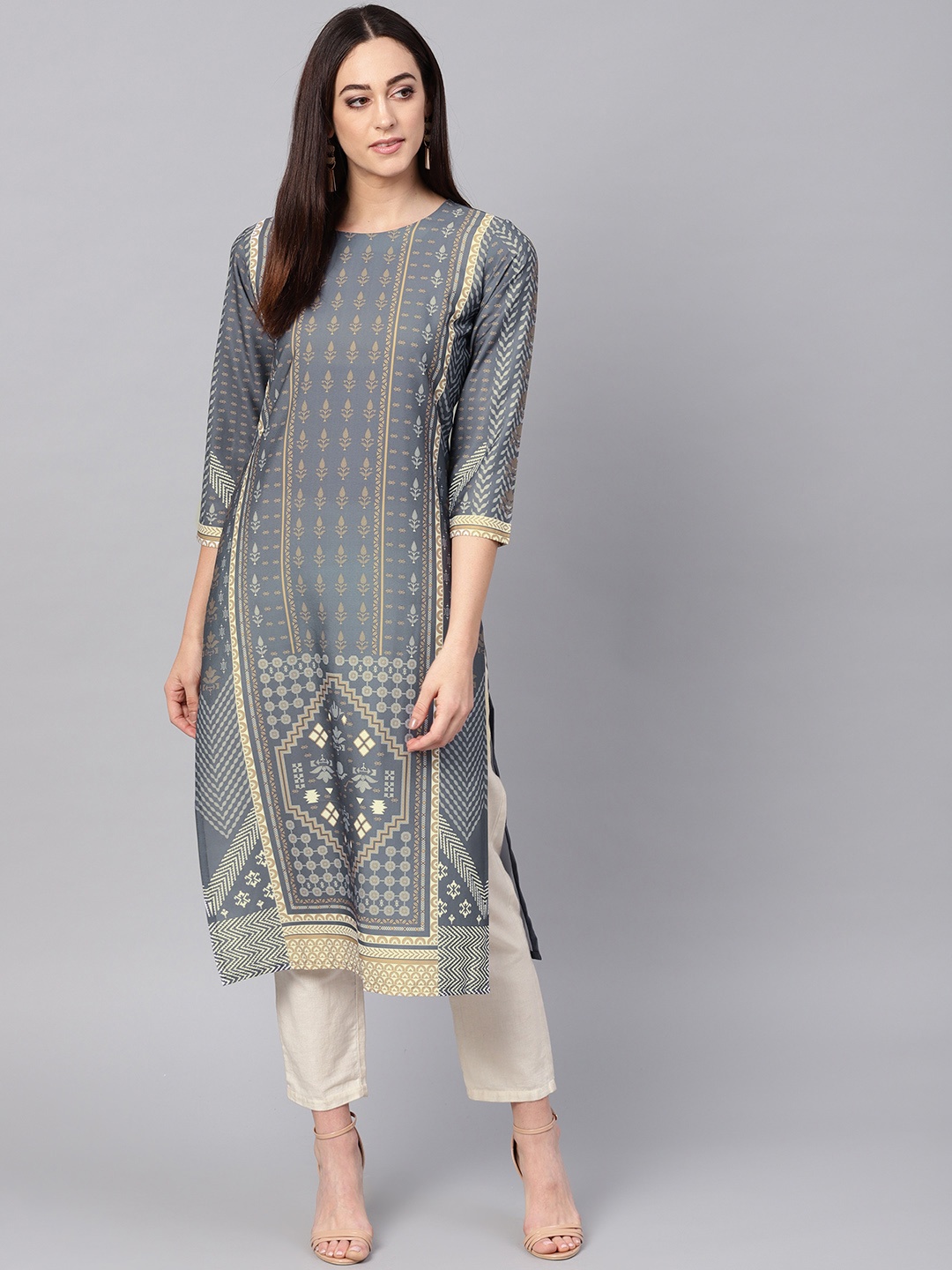 

AHIKA Women Grey & Mustard Yellow Printed Straight Kurta