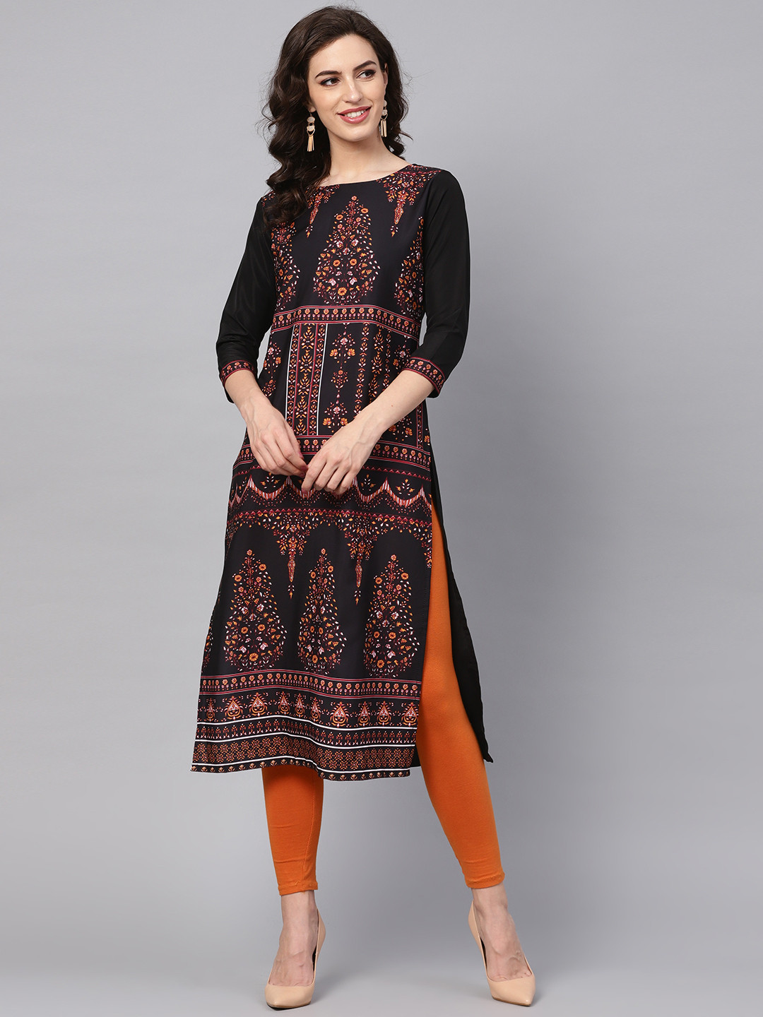 

AHIKA Women Black & Orange Printed Straight Kurta
