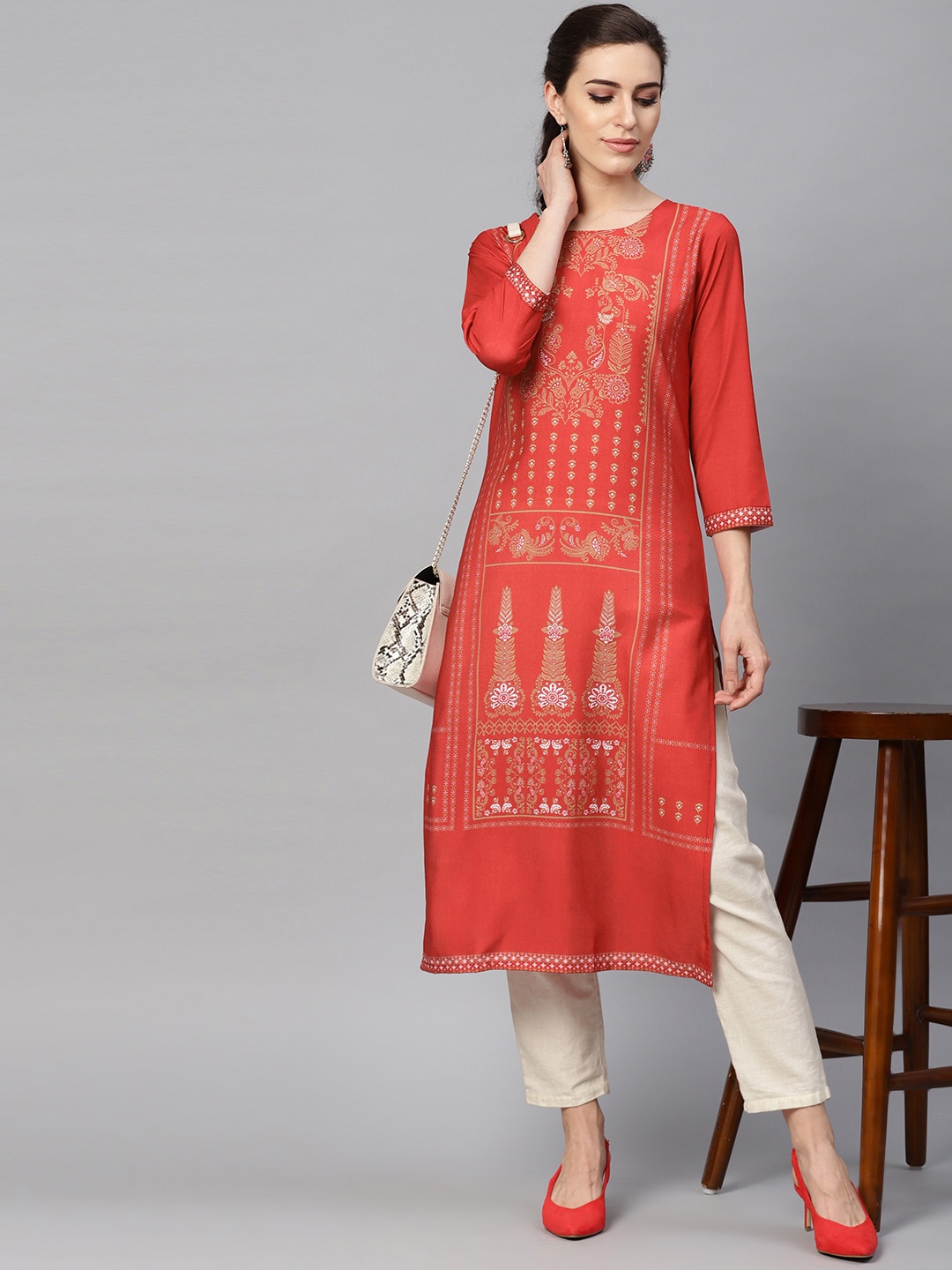 

AHIKA Women Red & Olive Green Printed Straight Kurta