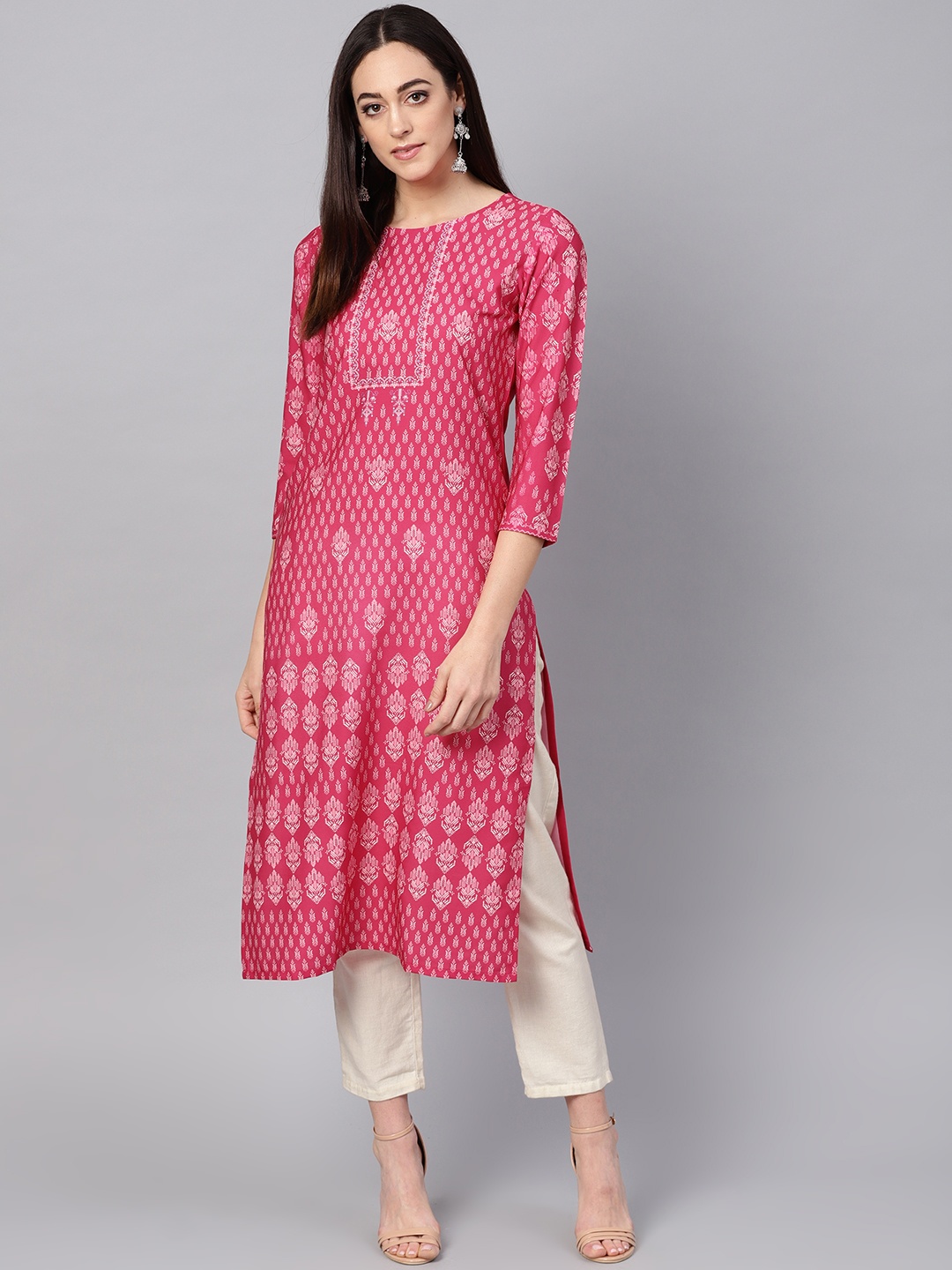 

AHIKA Women Pink & White Digital Print Straight Kurta