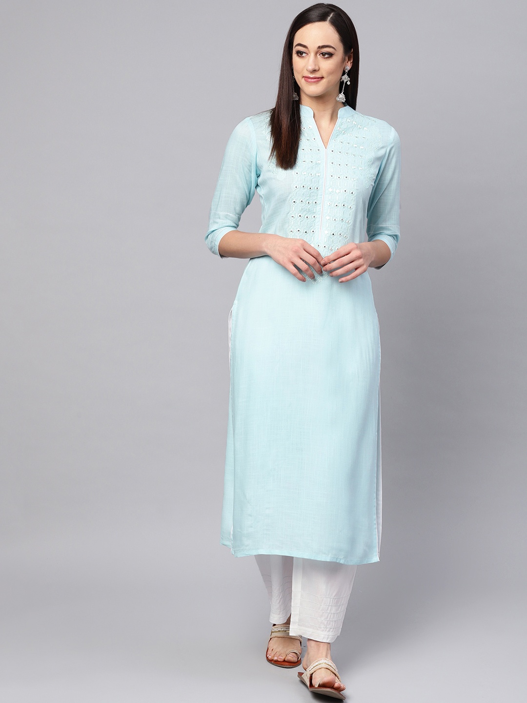 

Idalia Women Blue & White Yoke Design Kurta with Palazzos