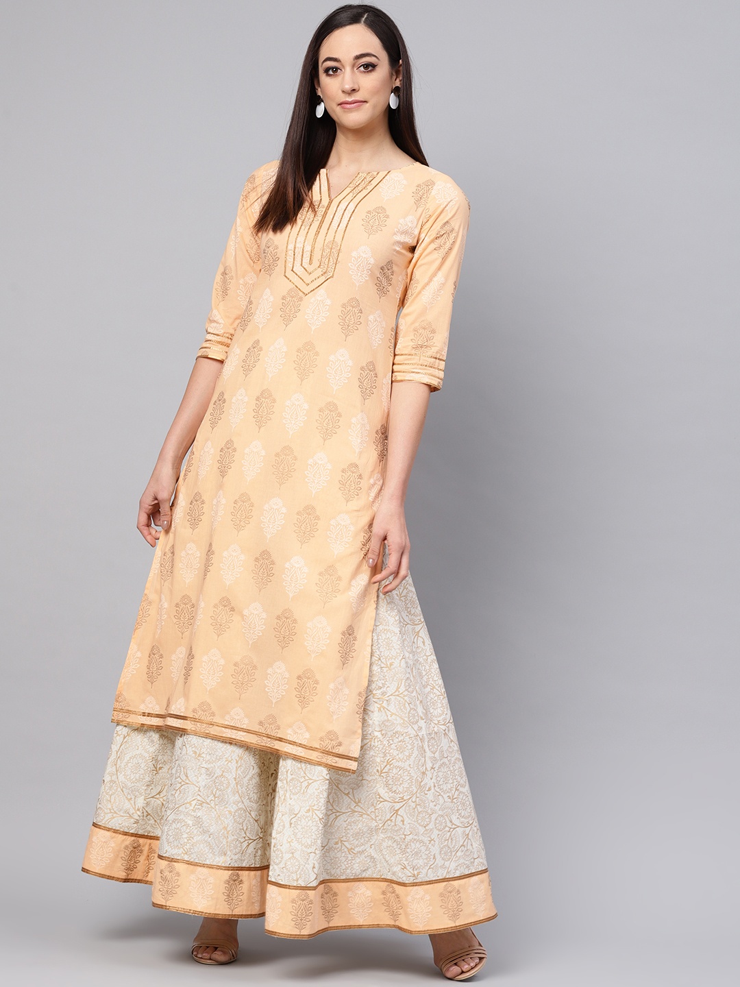 

Idalia Women Cream-Coloured & Off-White Printed Kurta with Skirt