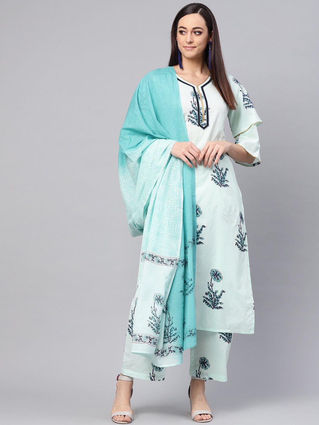 

Idalia Women Sea Green & Blue Handblock Print Kurta with Palazzos & Dupatta