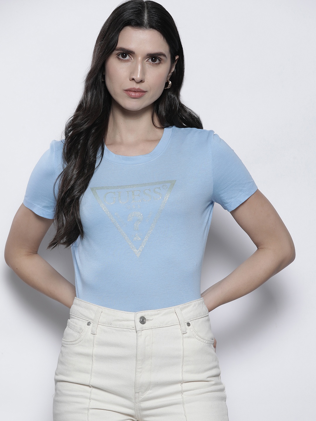 

GUESS Women Blue Brand Logo Printed T-shirt