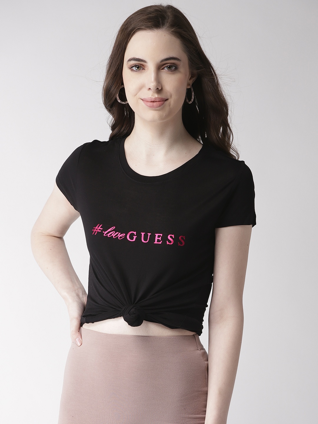 

GUESS Women Black Printed Round Neck T-shirt