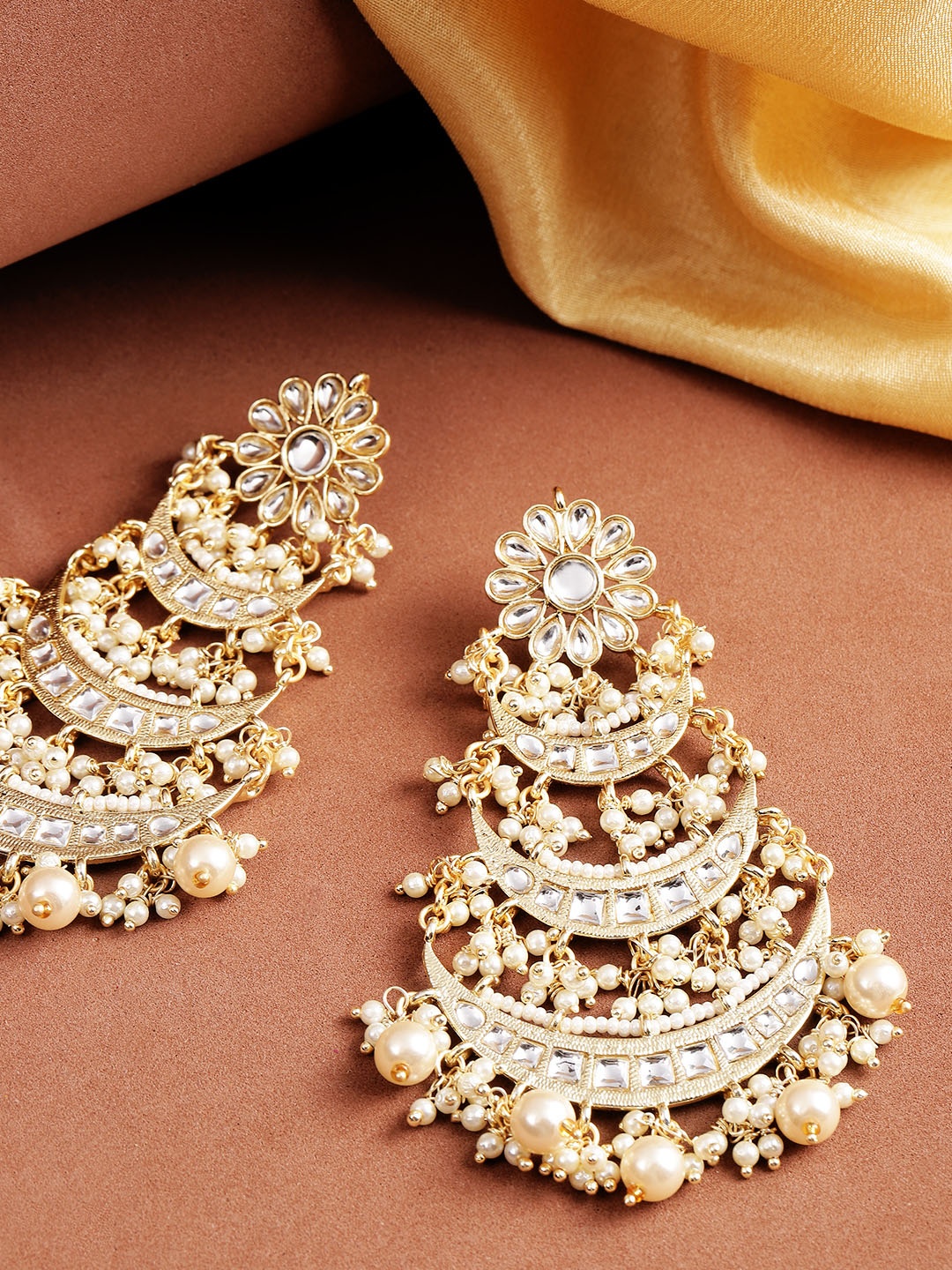 

Melani Borsa Off-White Gold-Plated Handcrafted Kundan Studded Beaded Chandbalis