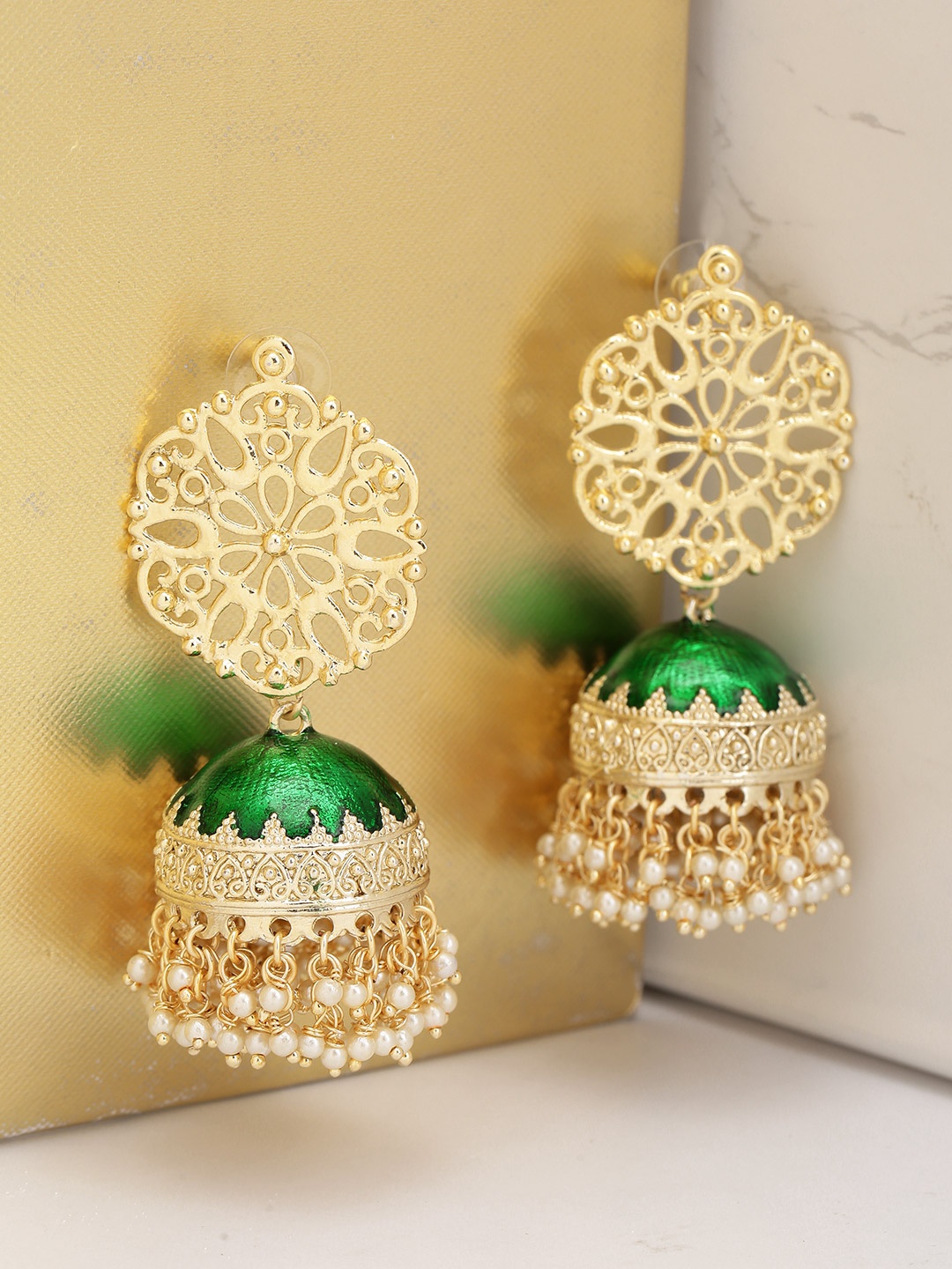 

Melani Borsa Green Gold-Plated Handcrafted Beaded Dome Shaped Jhumkas