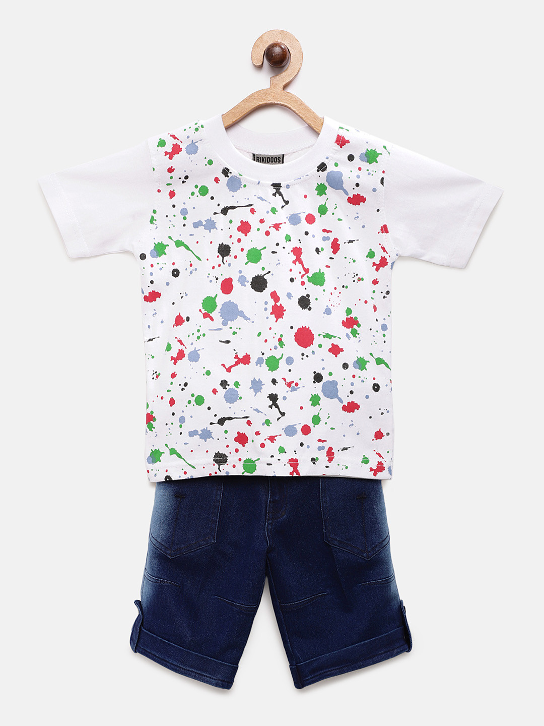 

RIKIDOOS Boys White & Blue Printed T-shirt with Shorts