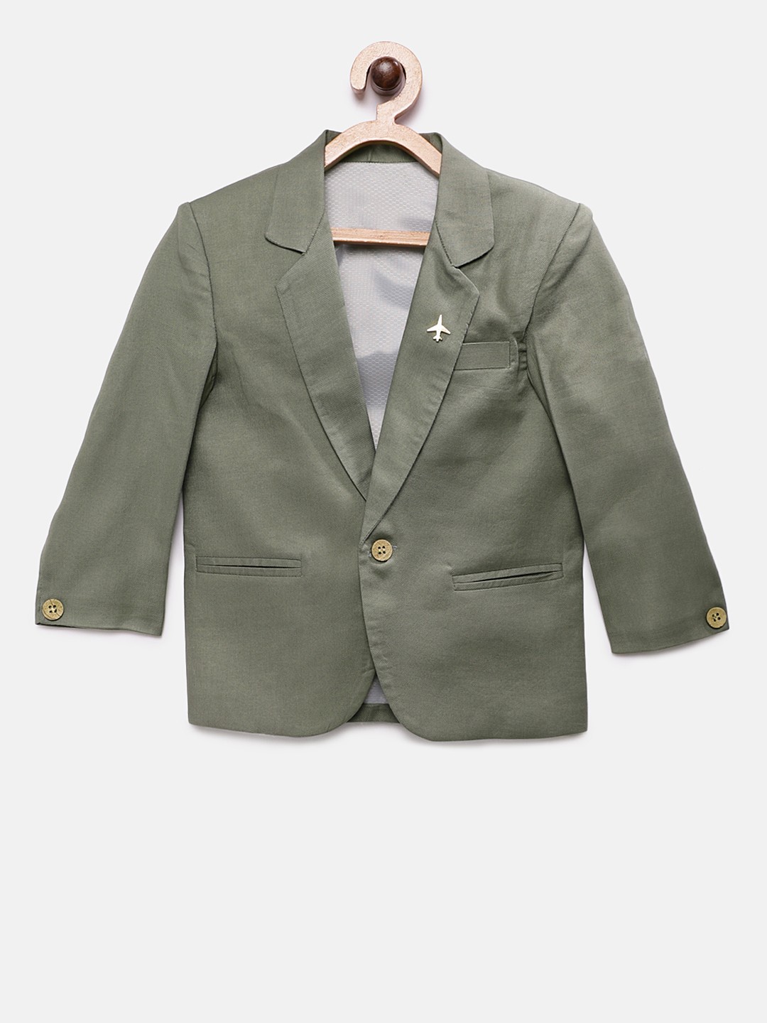 

RIKIDOOS Boys Olive Green Solid Tailored Fit Single-Breasted Blazer