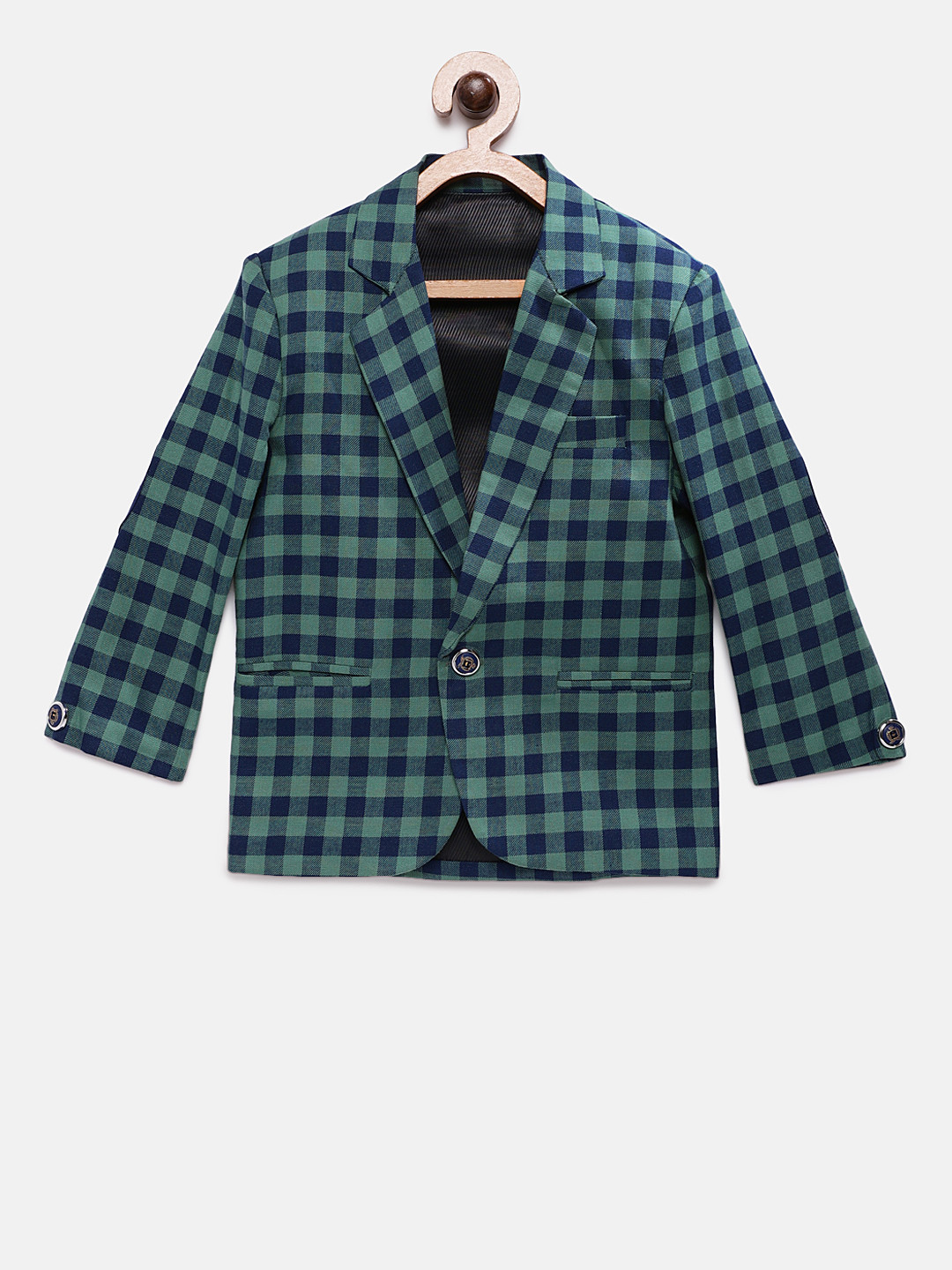 

RIKIDOOS Boys Green Checked Tailored Fit Single-Breasted Pure Cotton Blazer