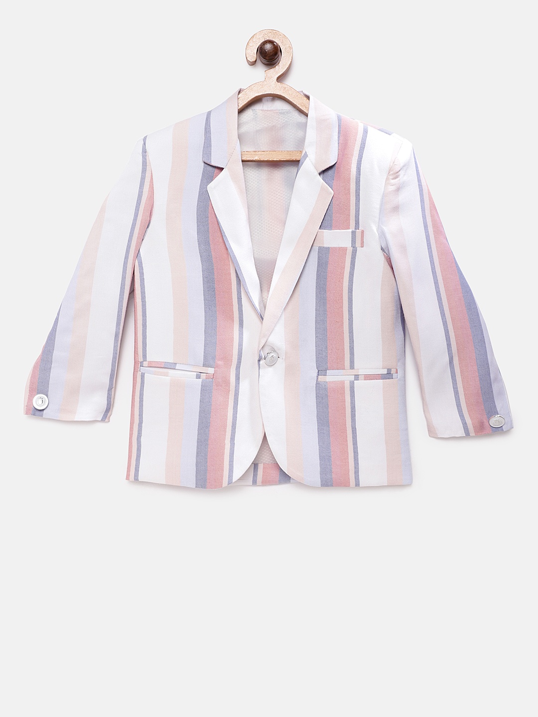 

RIKIDOOS Boys White Striped Tailored Fit Single-Breasted Pure Cotton Blazer
