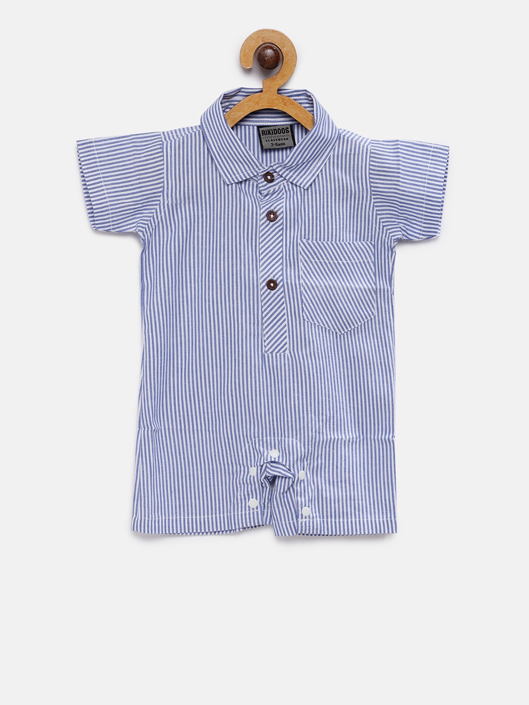 

RIKIDOOS Boys Blue & White Striped Rompers with a Bow-Tie