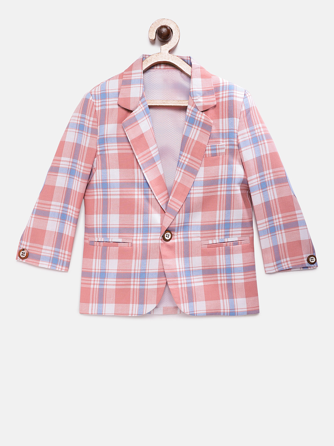 

RIKIDOOS Boys Peach Checked Tailored Fit Single-Breasted Pure Cotton Blazer