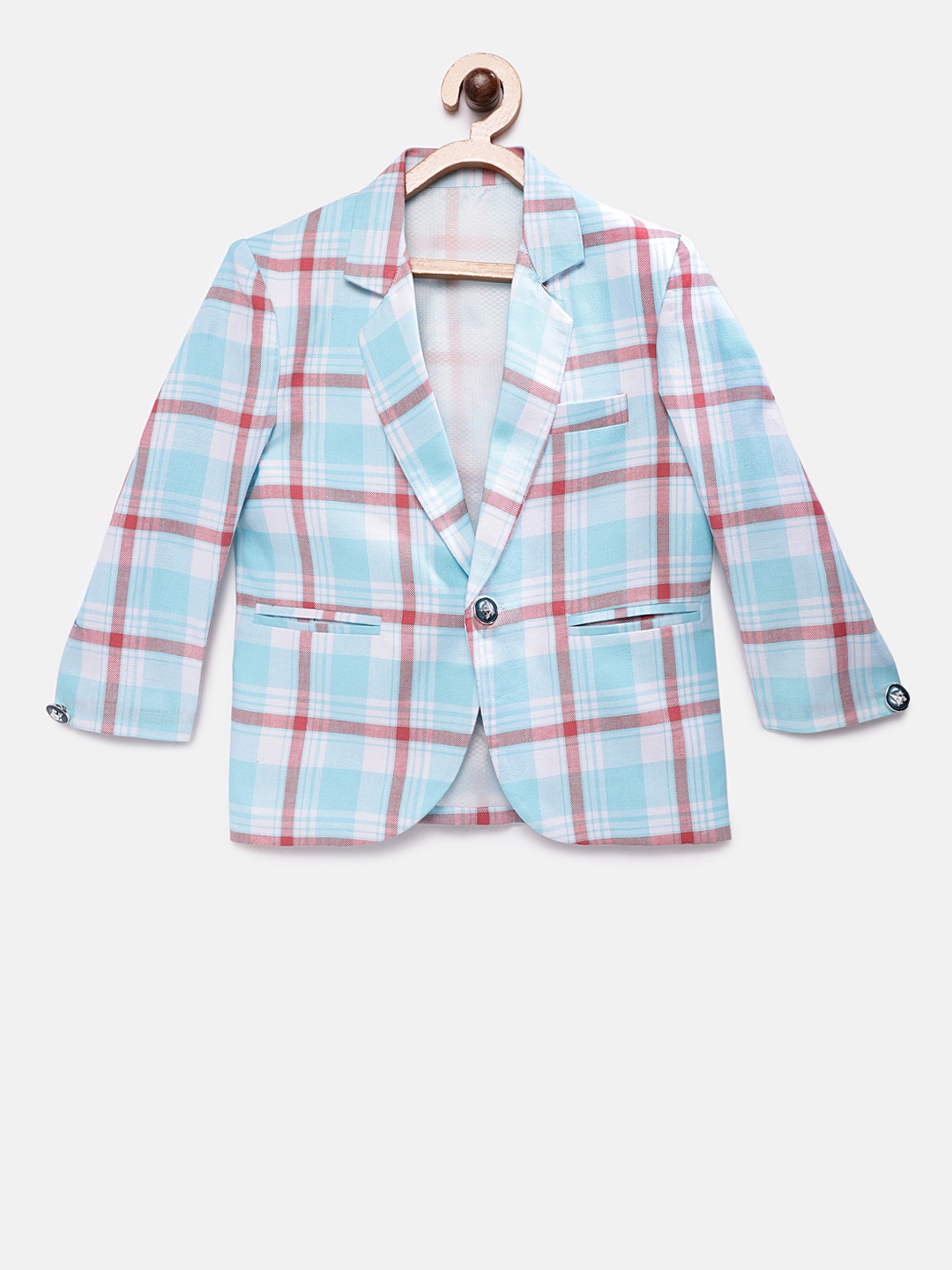 

RIKIDOOS Boys Blue Checked Tailored Fit Single-Breasted Pure Cotton Blazer